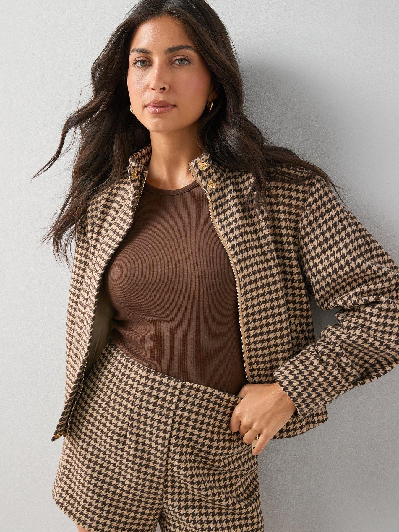 Image 3 of 6 of The Very Collection Houndstooth Funnel Neck Bomber Jacket - Brown