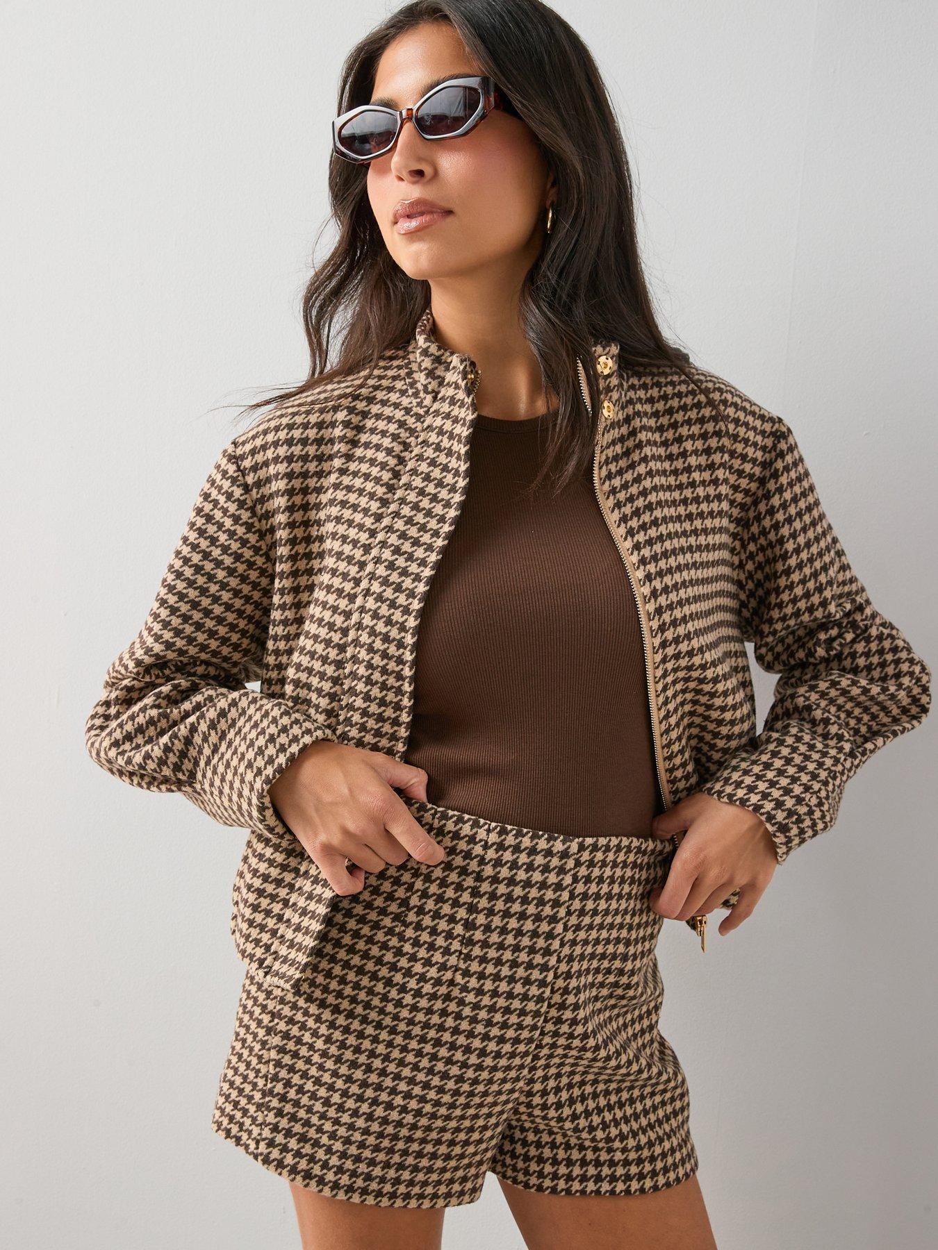 Image 6 of 6 of The Very Collection Houndstooth Funnel Neck Bomber Jacket - Brown