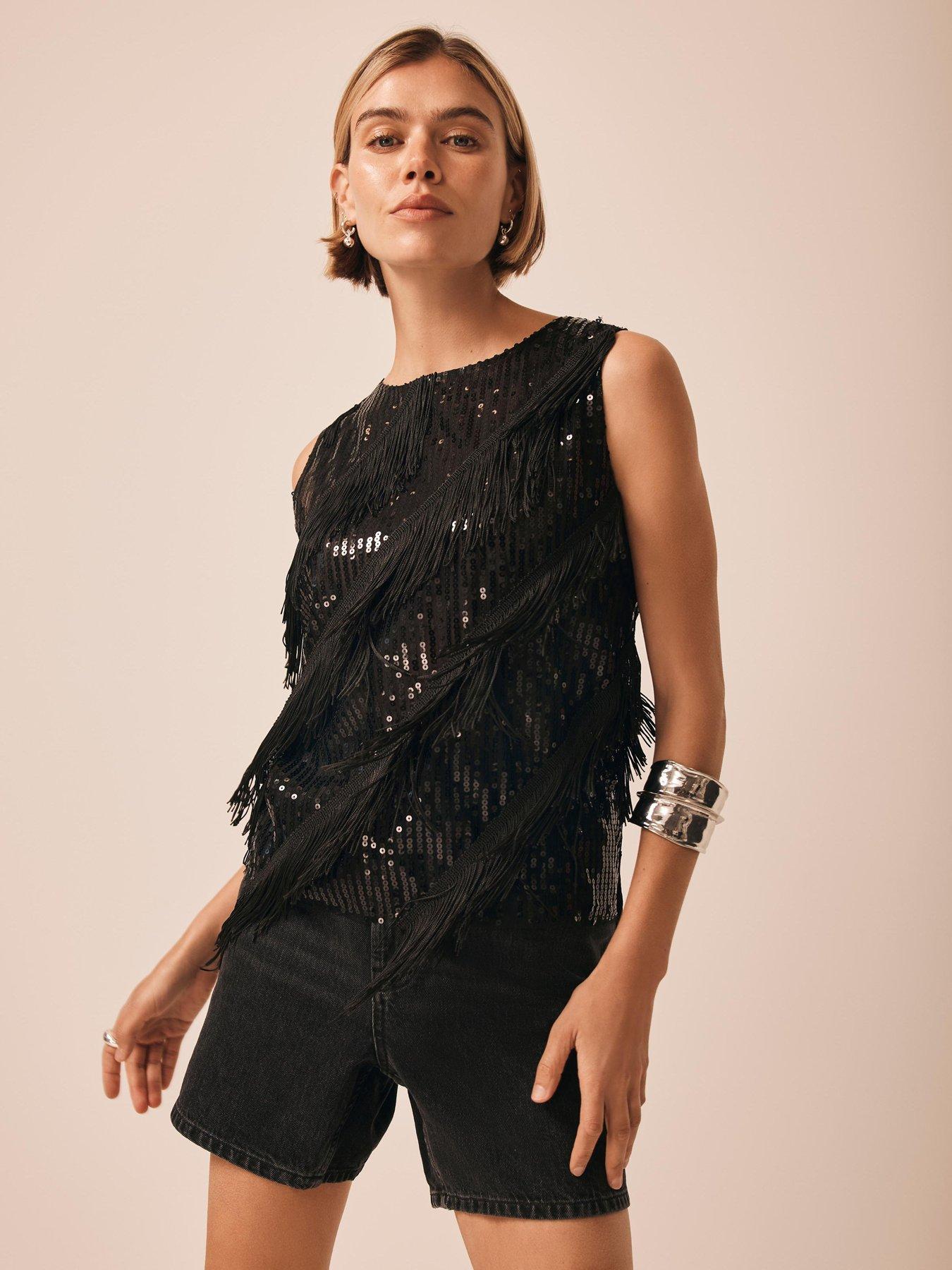Image 1 of 6 of Mint Velvet Sequin Fringe Top - Black