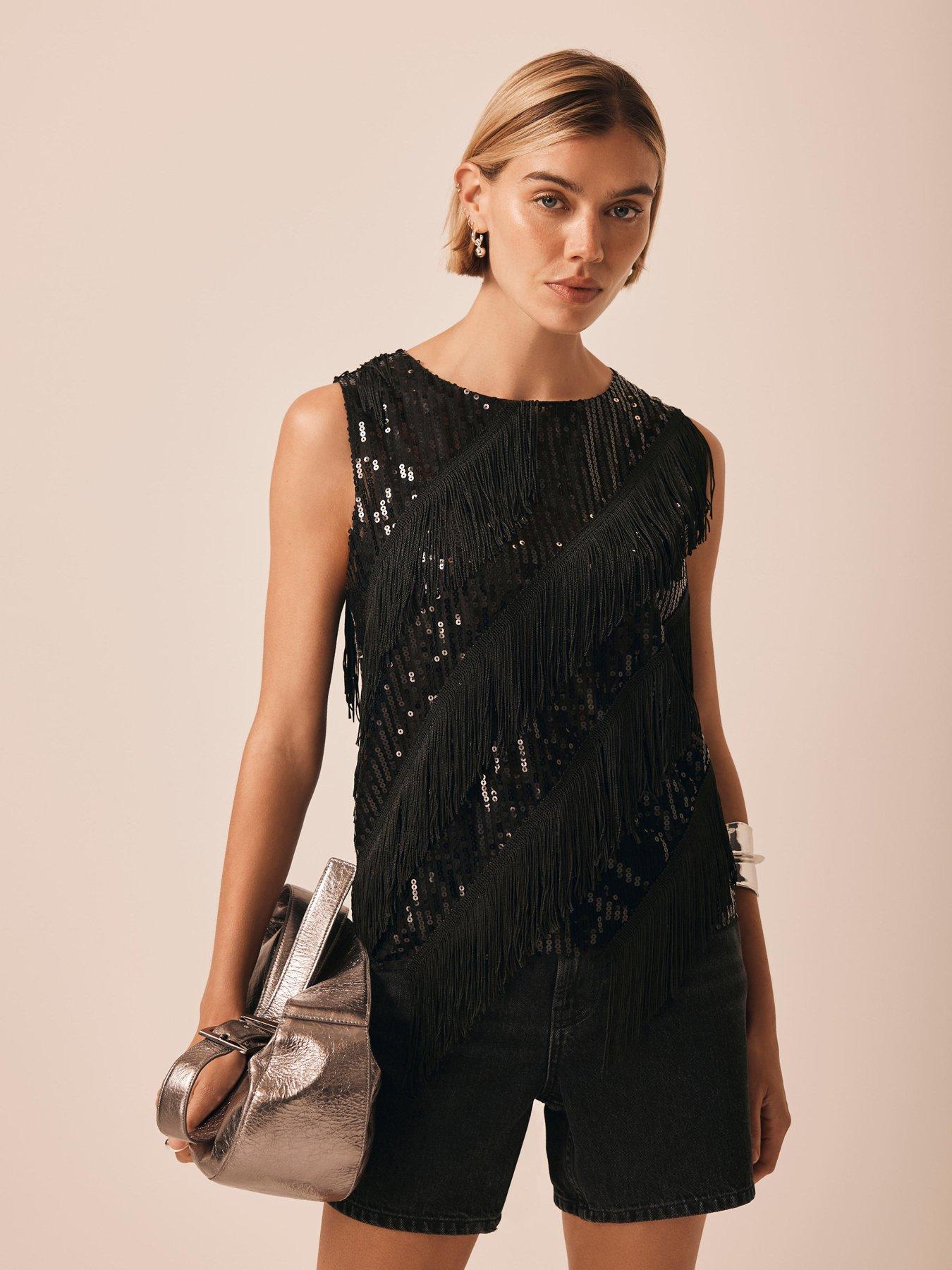 Image 3 of 6 of Mint Velvet Sequin Fringe Top - Black