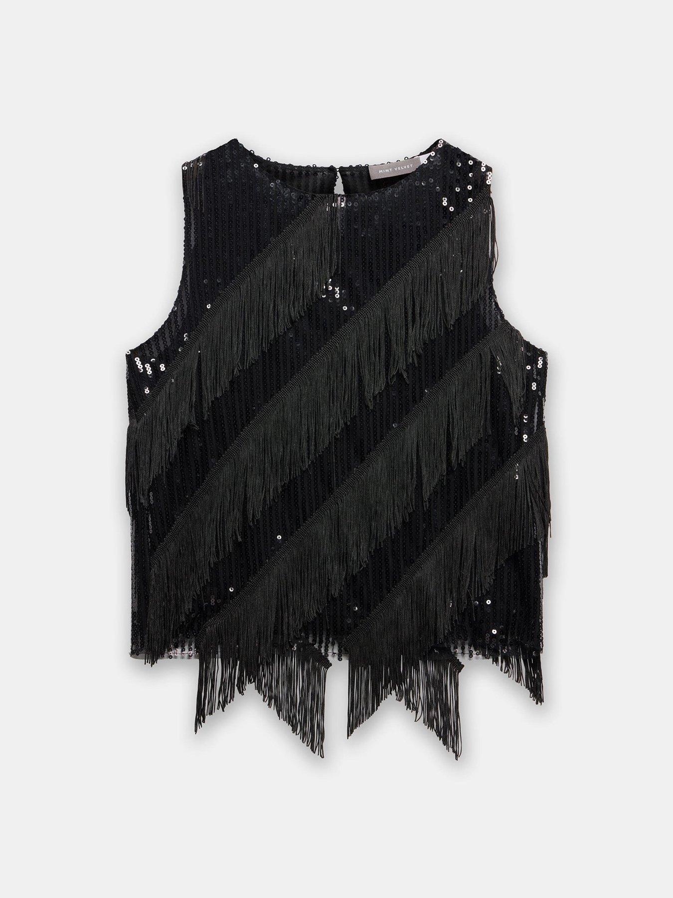 Image 5 of 6 of Mint Velvet Sequin Fringe Top - Black