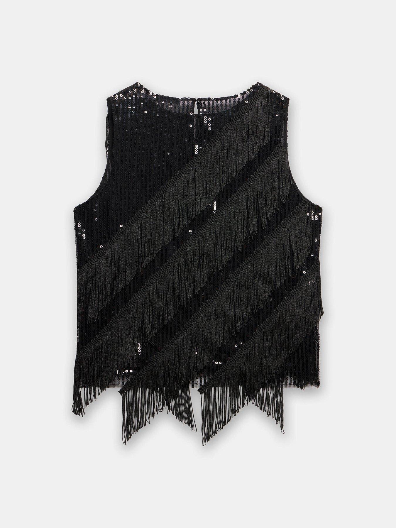 Image 6 of 6 of Mint Velvet Sequin Fringe Top - Black