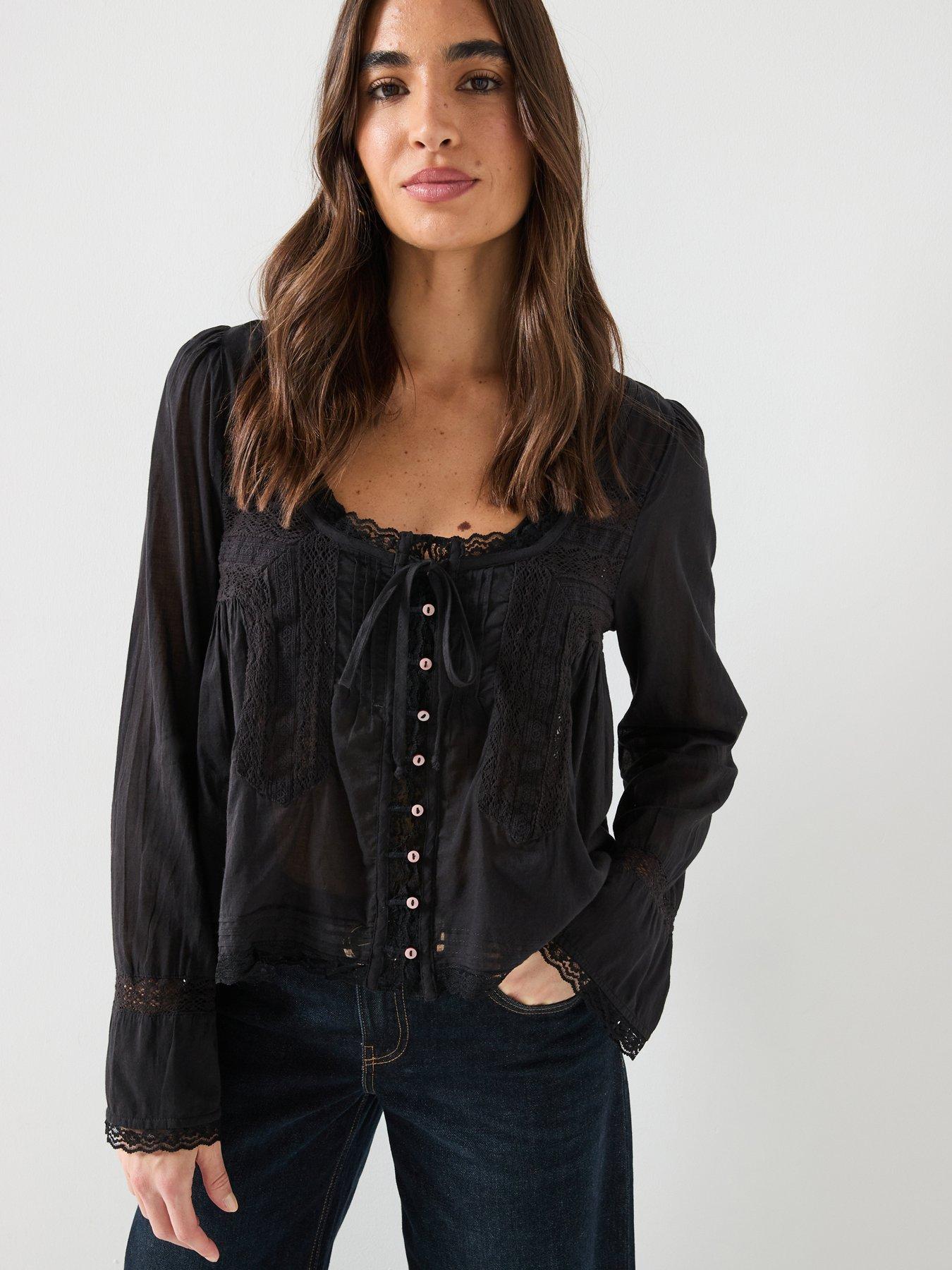 Image 1 of 6 of FREE PEOPLE Long Sleeve Evermore Blouse - Black