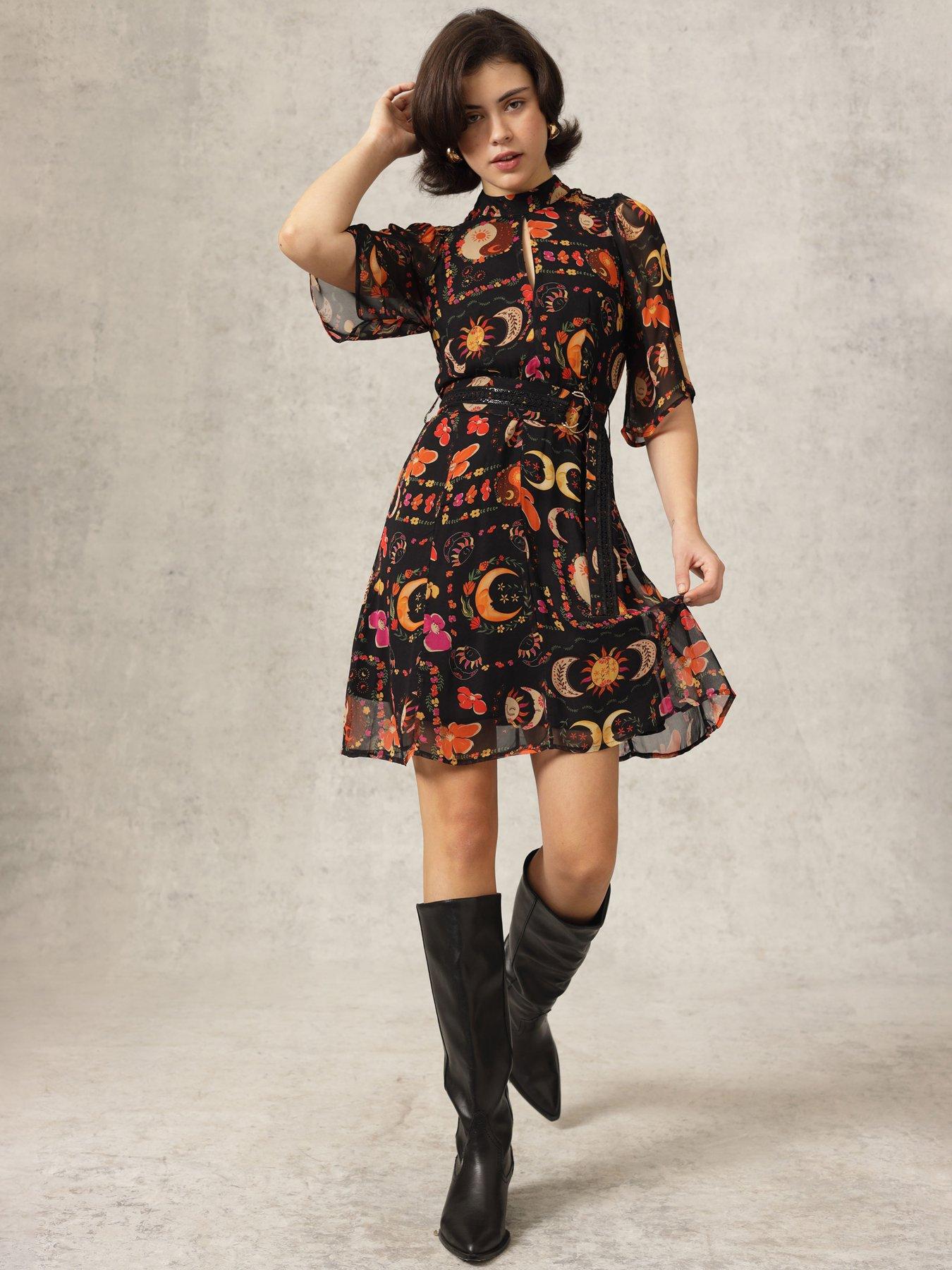 Image 1 of 4 of Emily Lovelock Printed Short Dress - Black