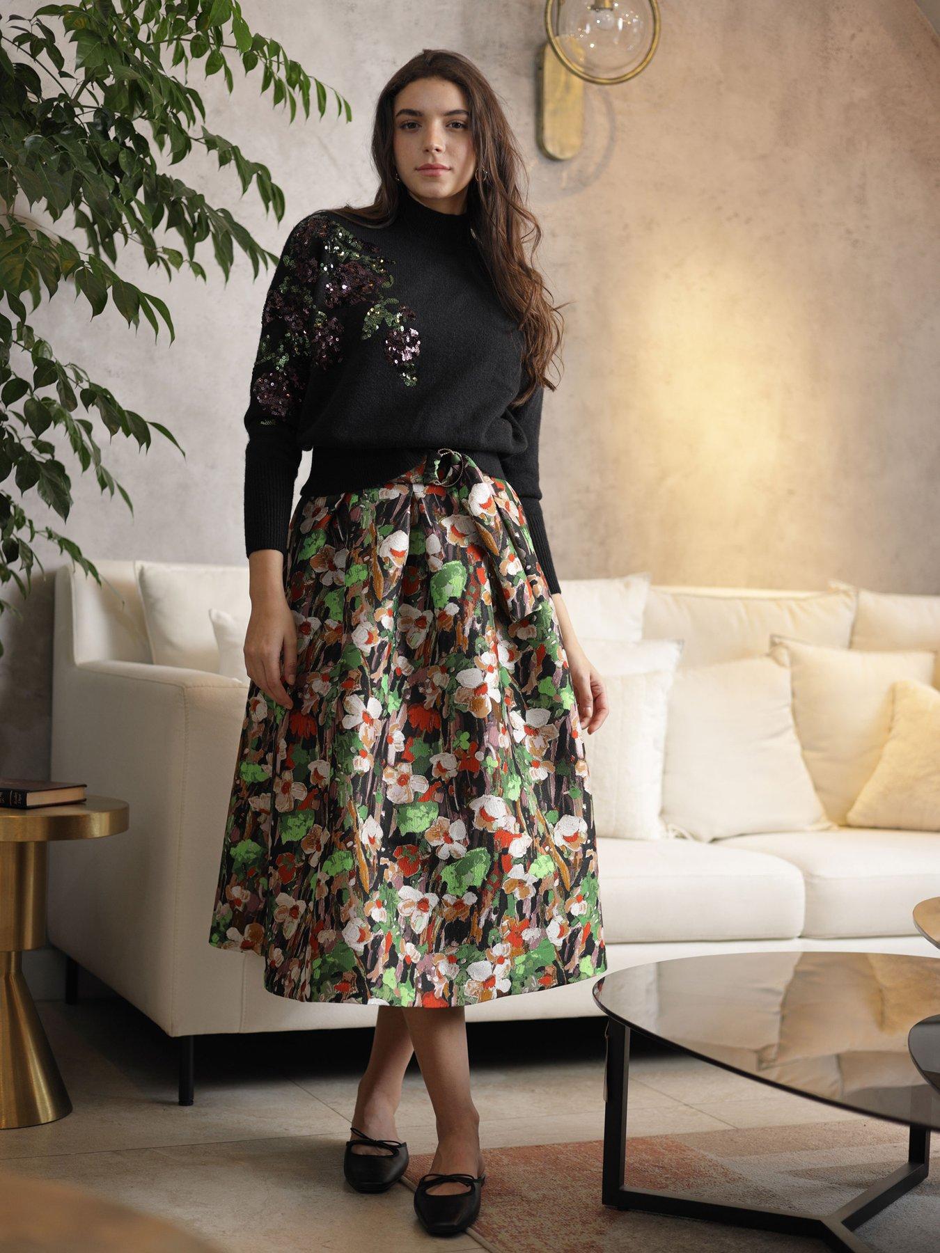 Emily Lovelock Jacquard Metallic Full Skirt - Green