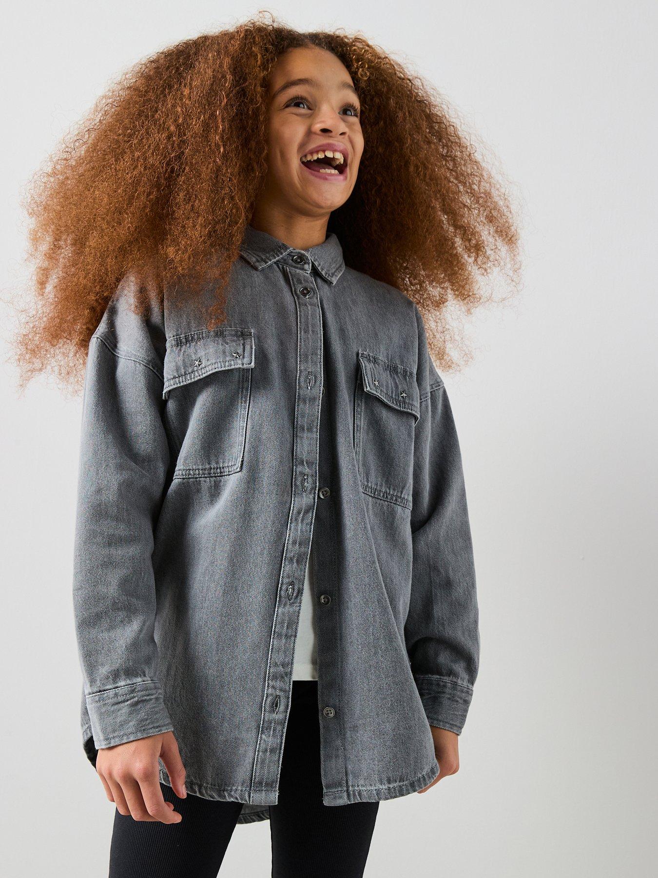 the-very-collection-girls-3-piece-denim-shirt-with-top-and-flare-leggings-set-dark-wash