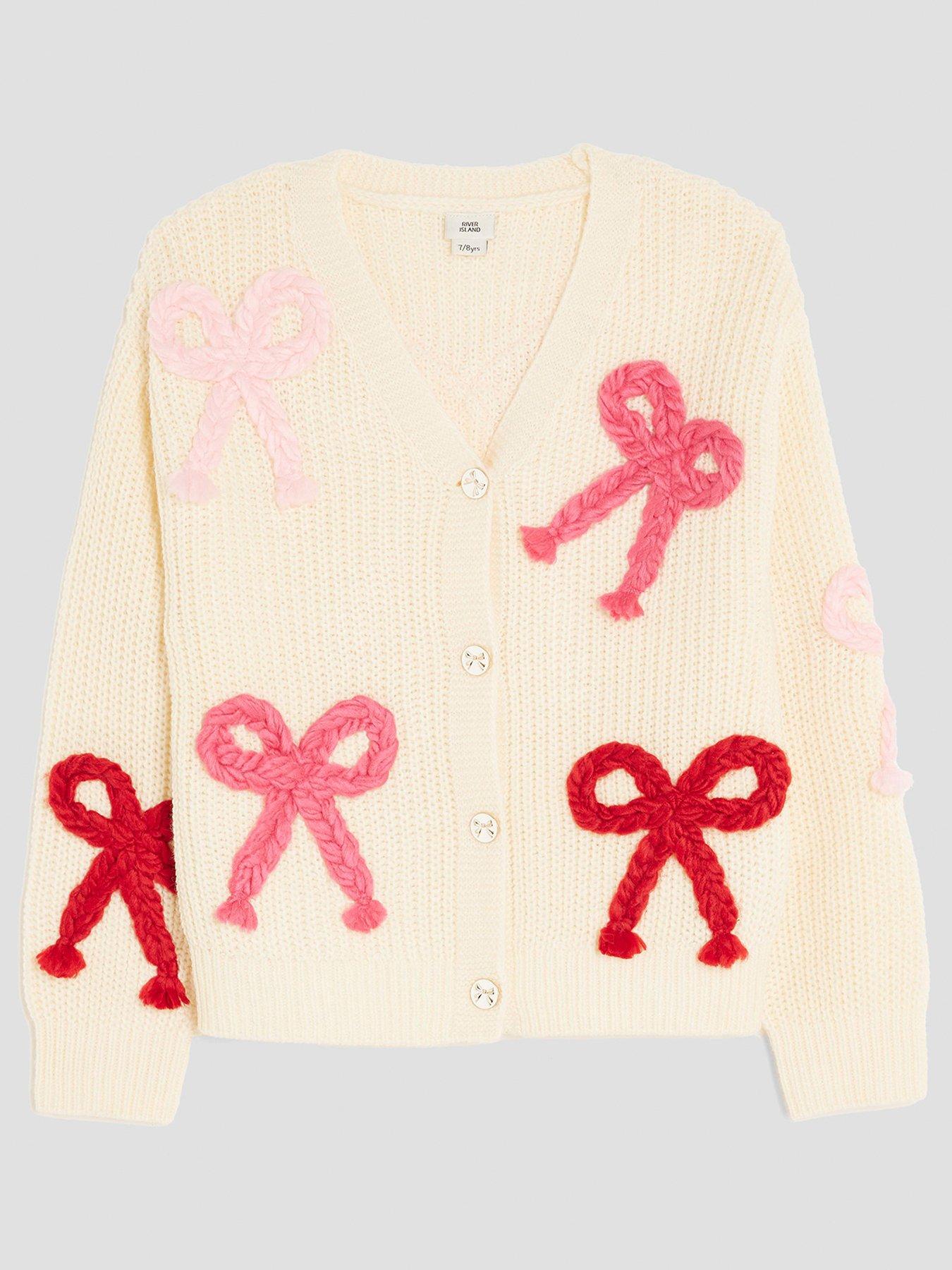 River Island Older Girls 3D Bow Cardigan - Cream - Pink