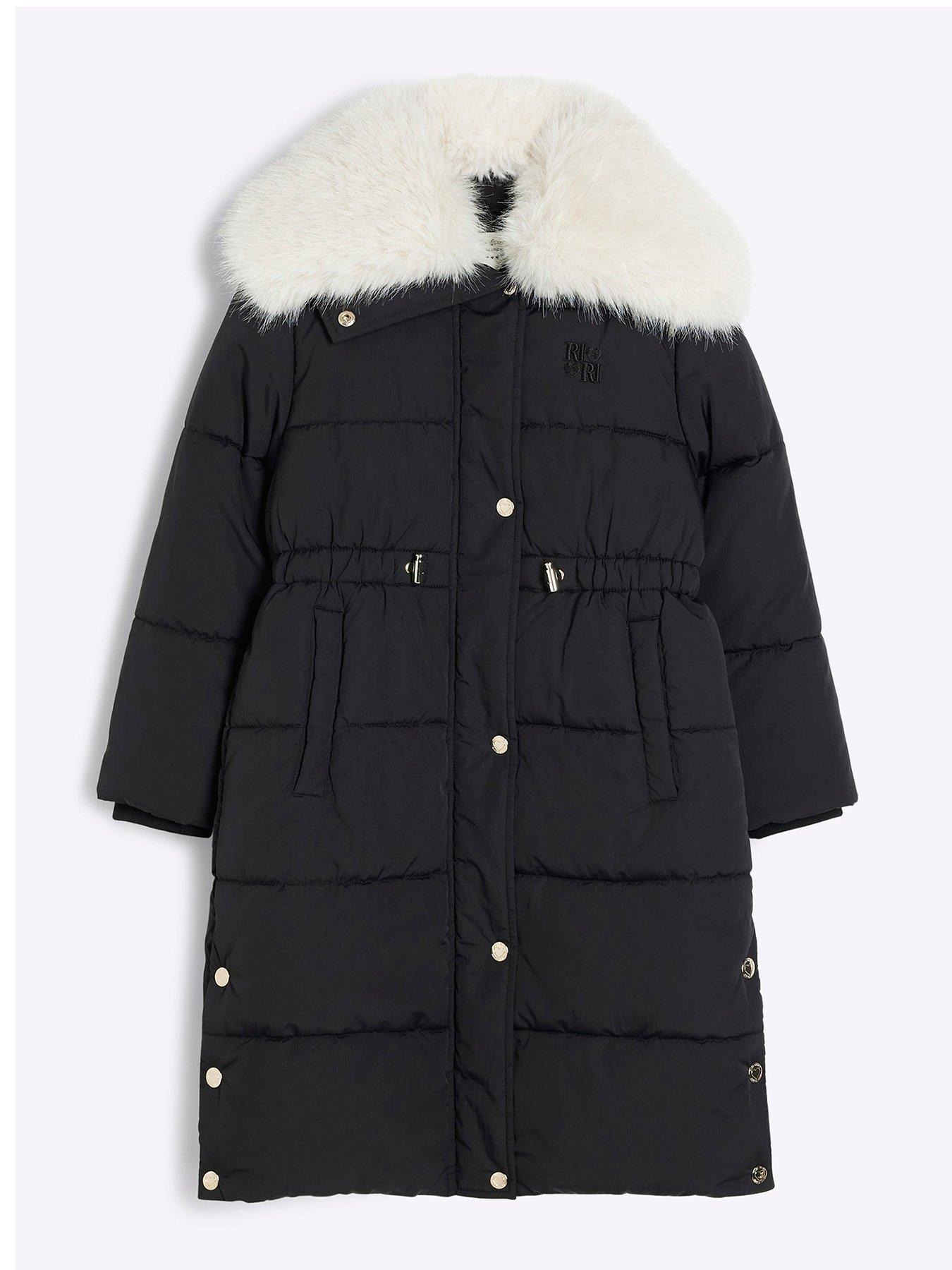 River Island Older Girls Faux Fur Collar Padded Coat - Black