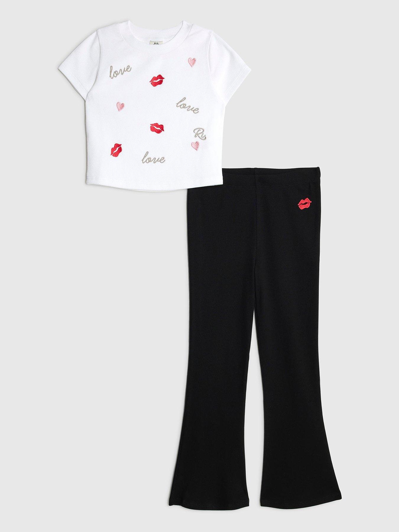 River Island Older Girls Love Lips Embroidered T-Shirt Set - White