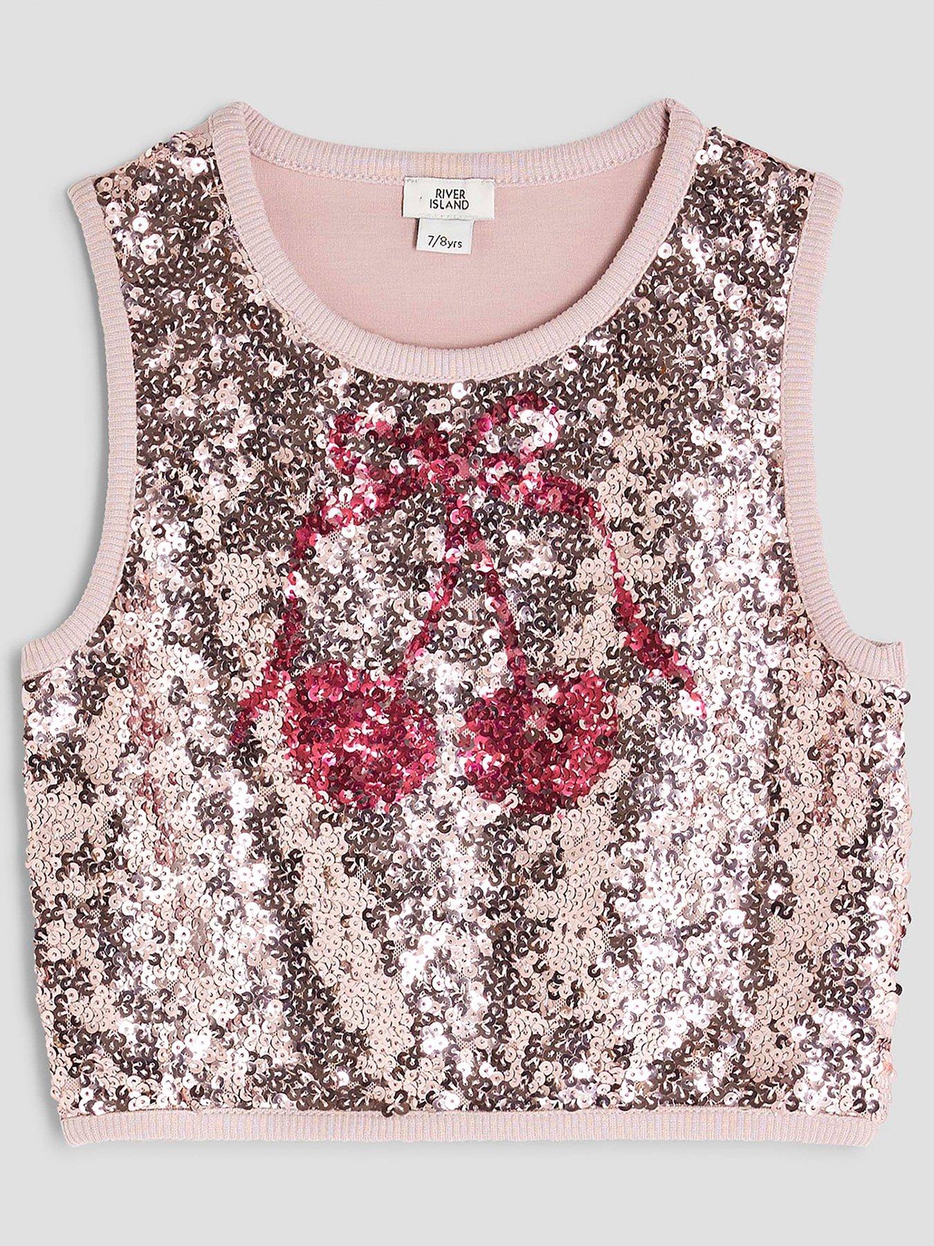 River Island Older Girls Cherry Sequin Tank Top - Pink