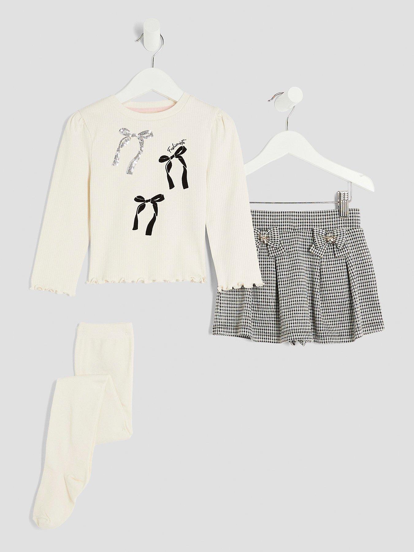 River Island Mini Girls Bow Gingham Skort 3 Piece Set - Cream