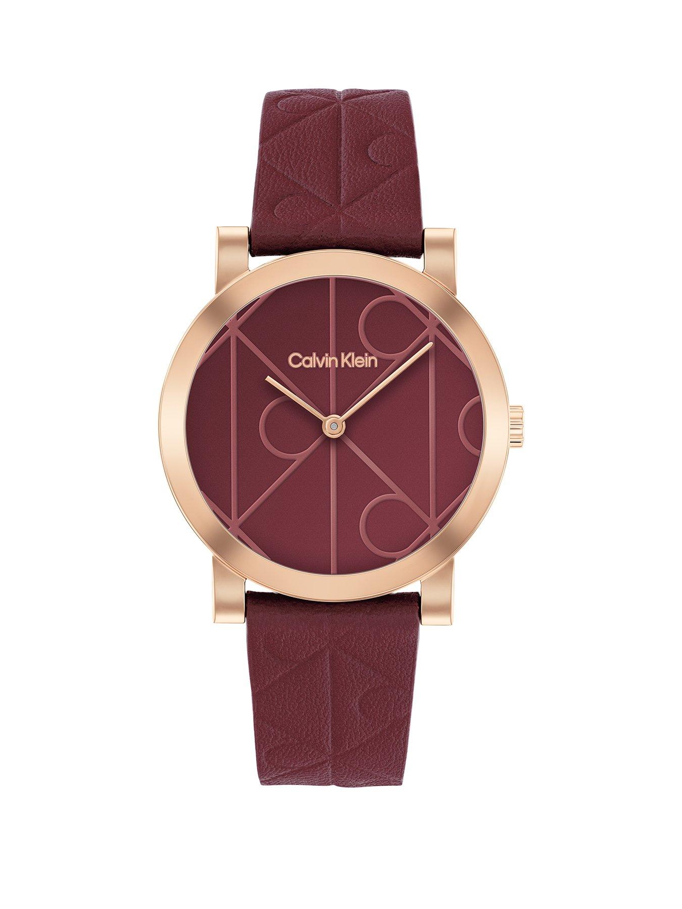 calvin-klein-womens-ck-monogram-burgundy-leather-watch-red