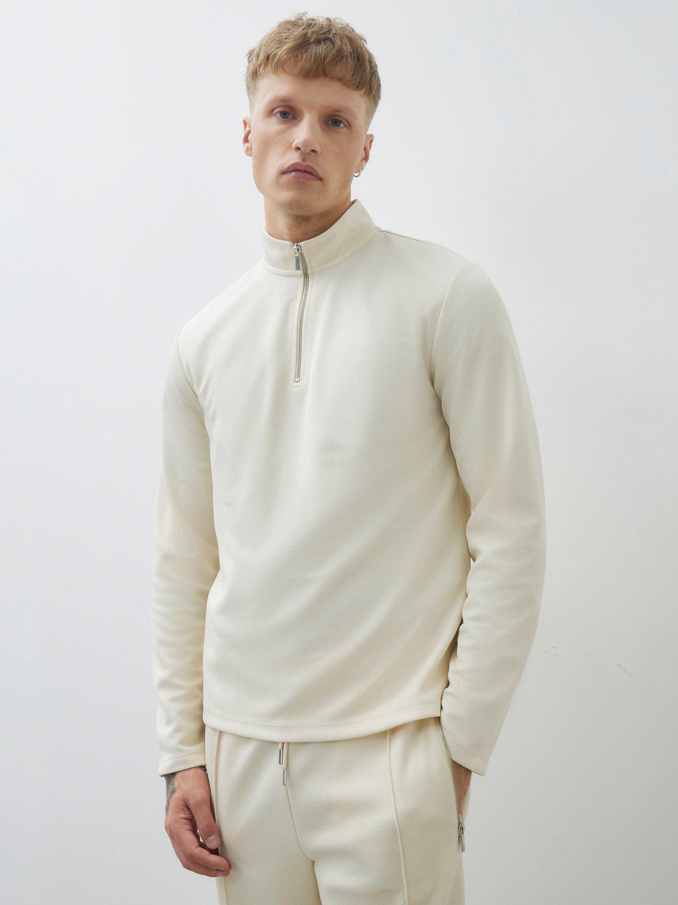River Island Slim Fit Pique Half Zip Sweatshirt - Cream