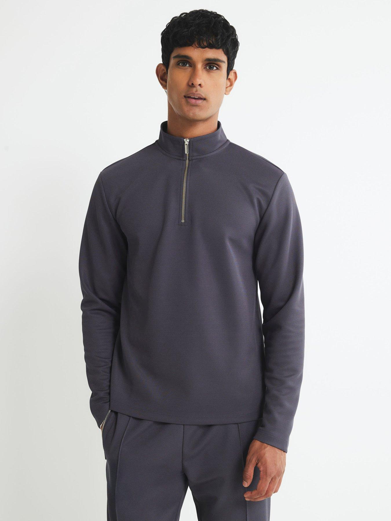 River Island Slim Fit Pique Half Zip Sweatshirt - Dark Grey