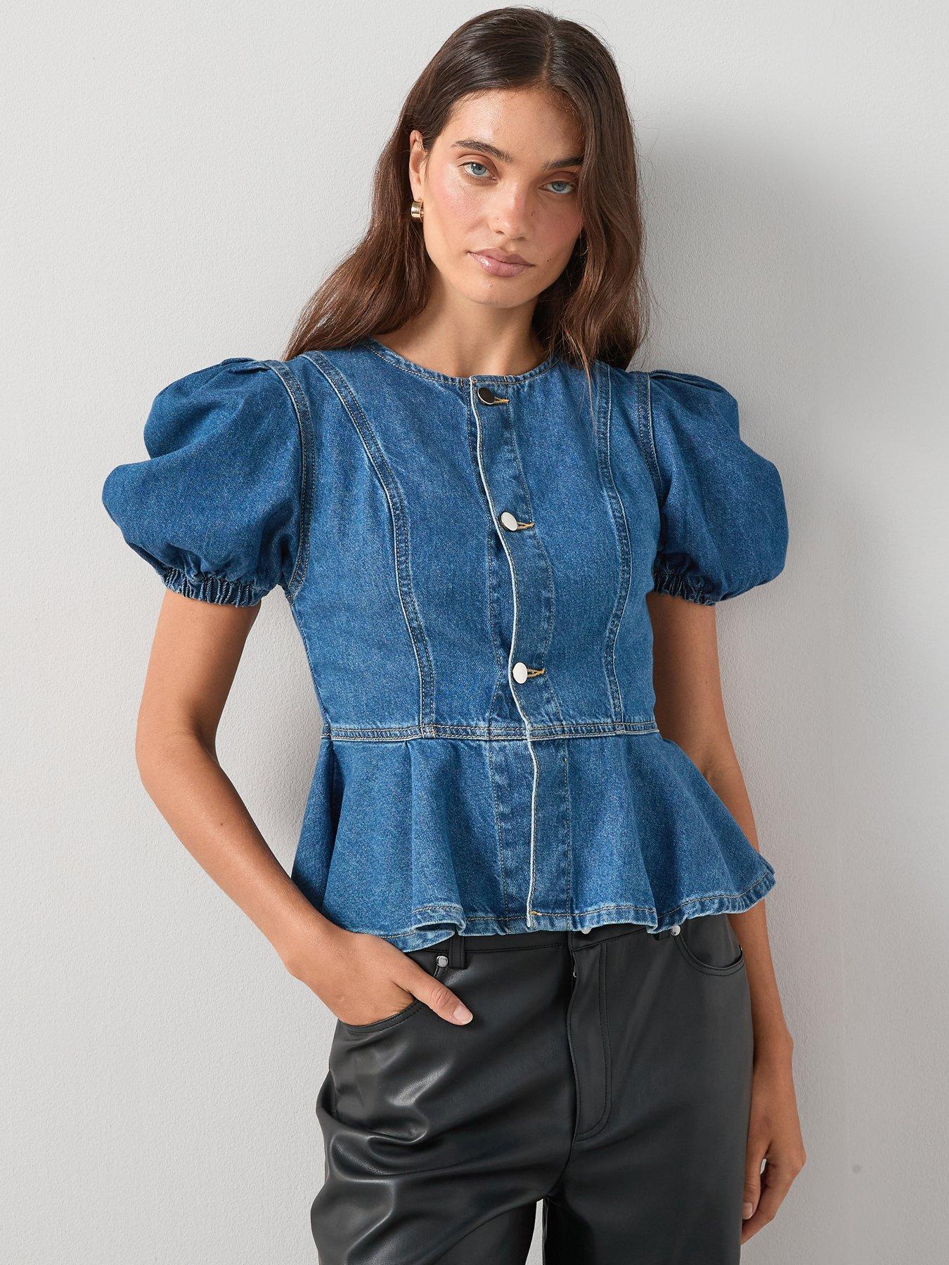 the-very-collection-denim-puff-sleeve-peplum-top-mid-wash