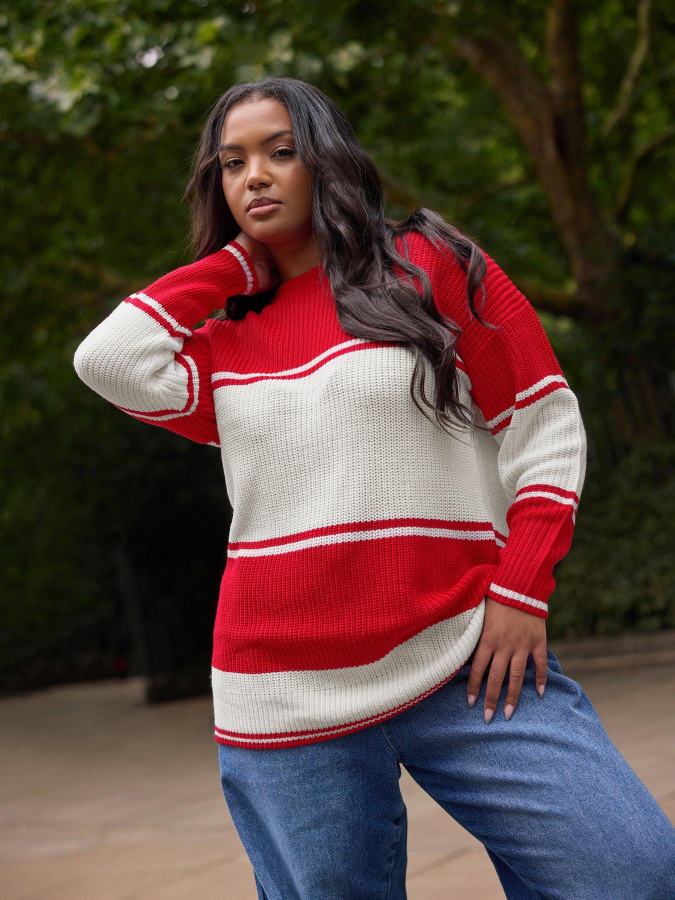 Yours Curve Drop Shoulder Stripe Jumper - Red