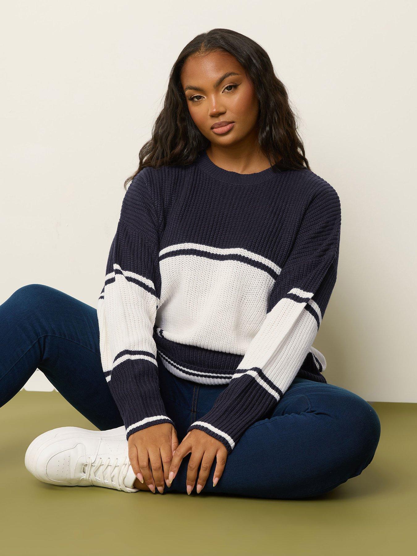 Image 1 of 6 of Yours Curve Drop Shoulder Stripe Jumper - Blue