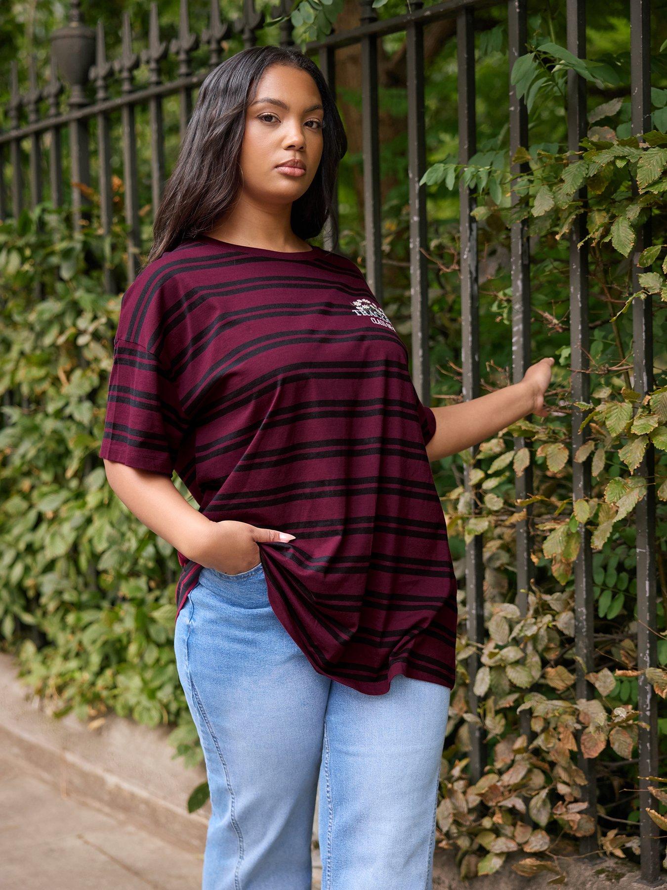 Yours Curve Stripe T-Shirt - Red