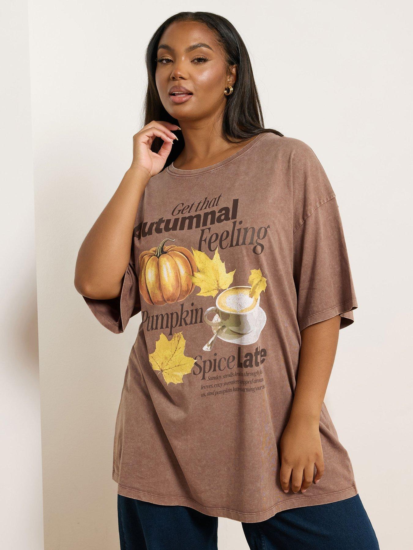 Yours Curve Placement Print Relaxed T-Shirt - Brown
