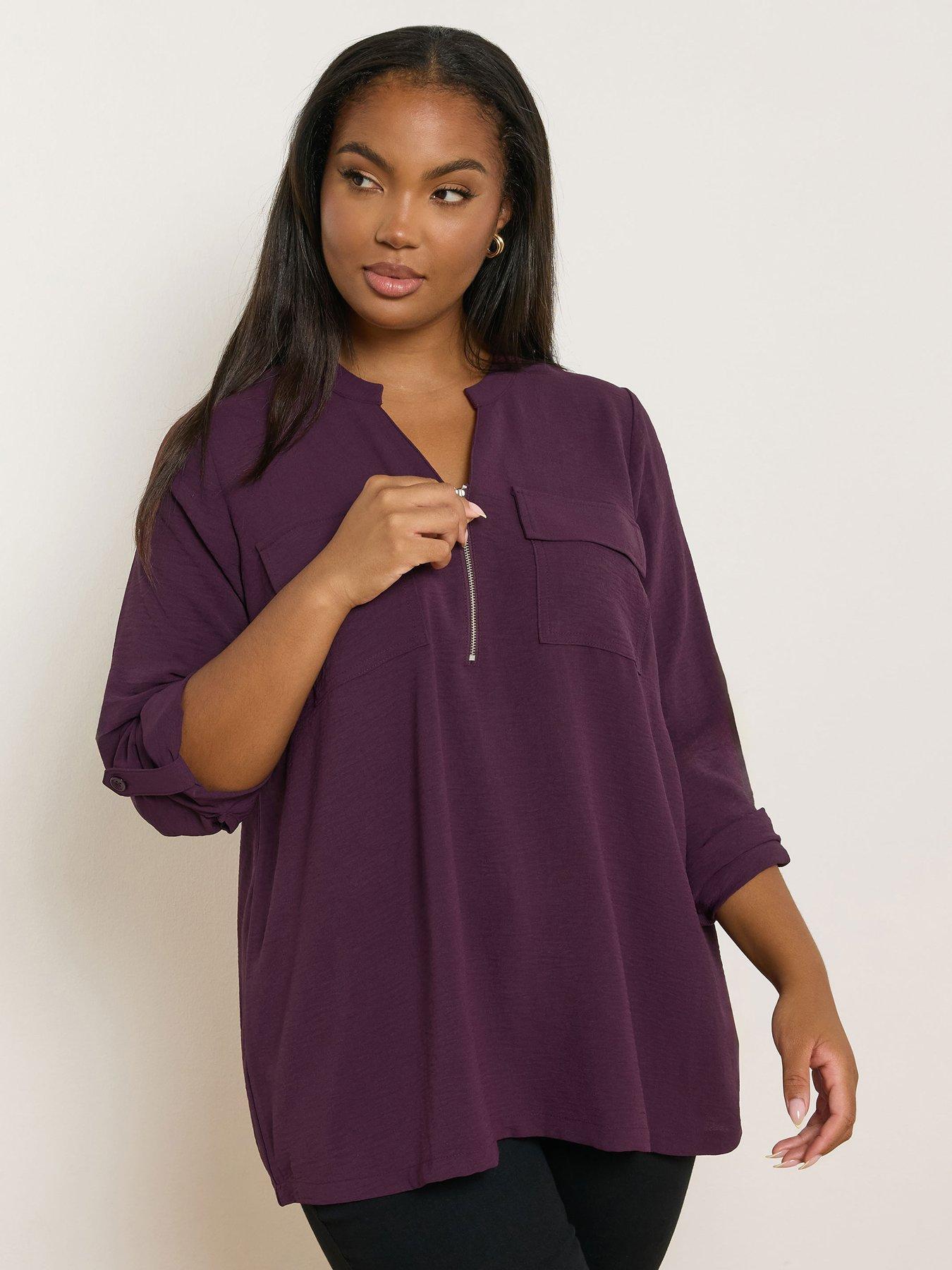 Yours Curve Zip Notch Neck Blouse - Purple
