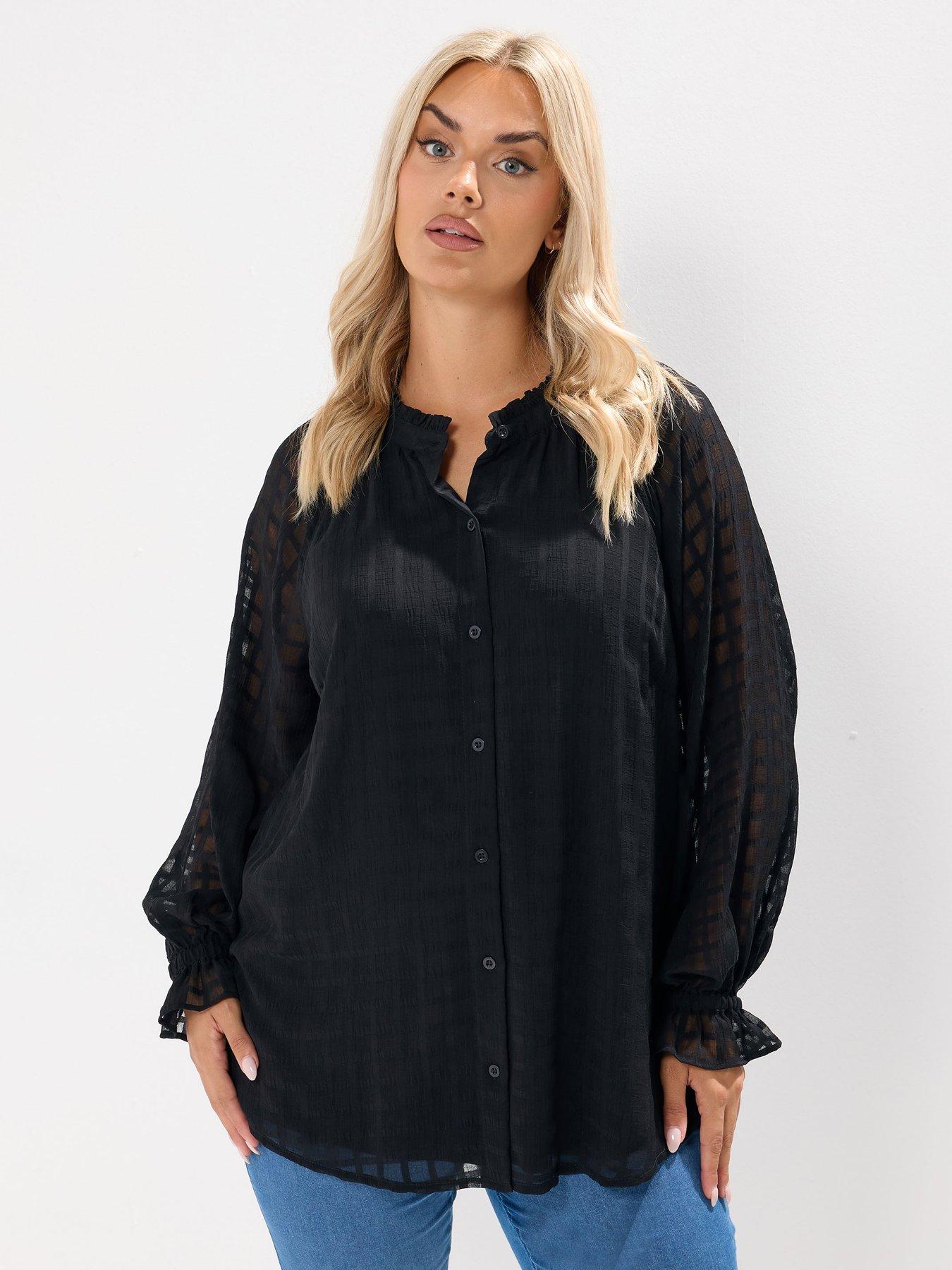 Image 1 of 4 of Yours Curve Textured Frill Neck Blouse - Black