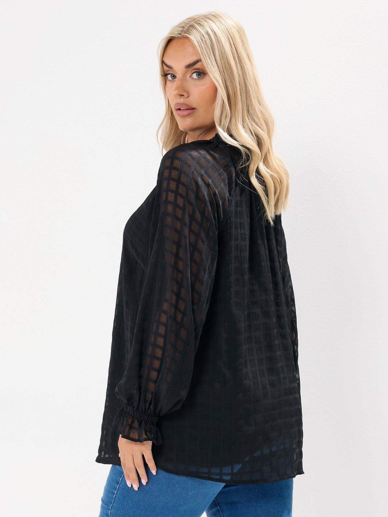 Image 2 of 4 of Yours Curve Textured Frill Neck Blouse - Black