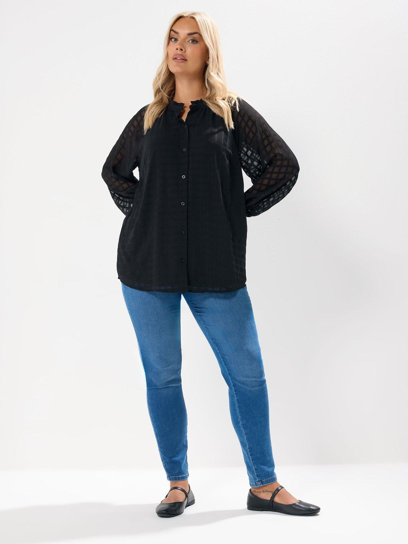 Image 3 of 4 of Yours Curve Textured Frill Neck Blouse - Black