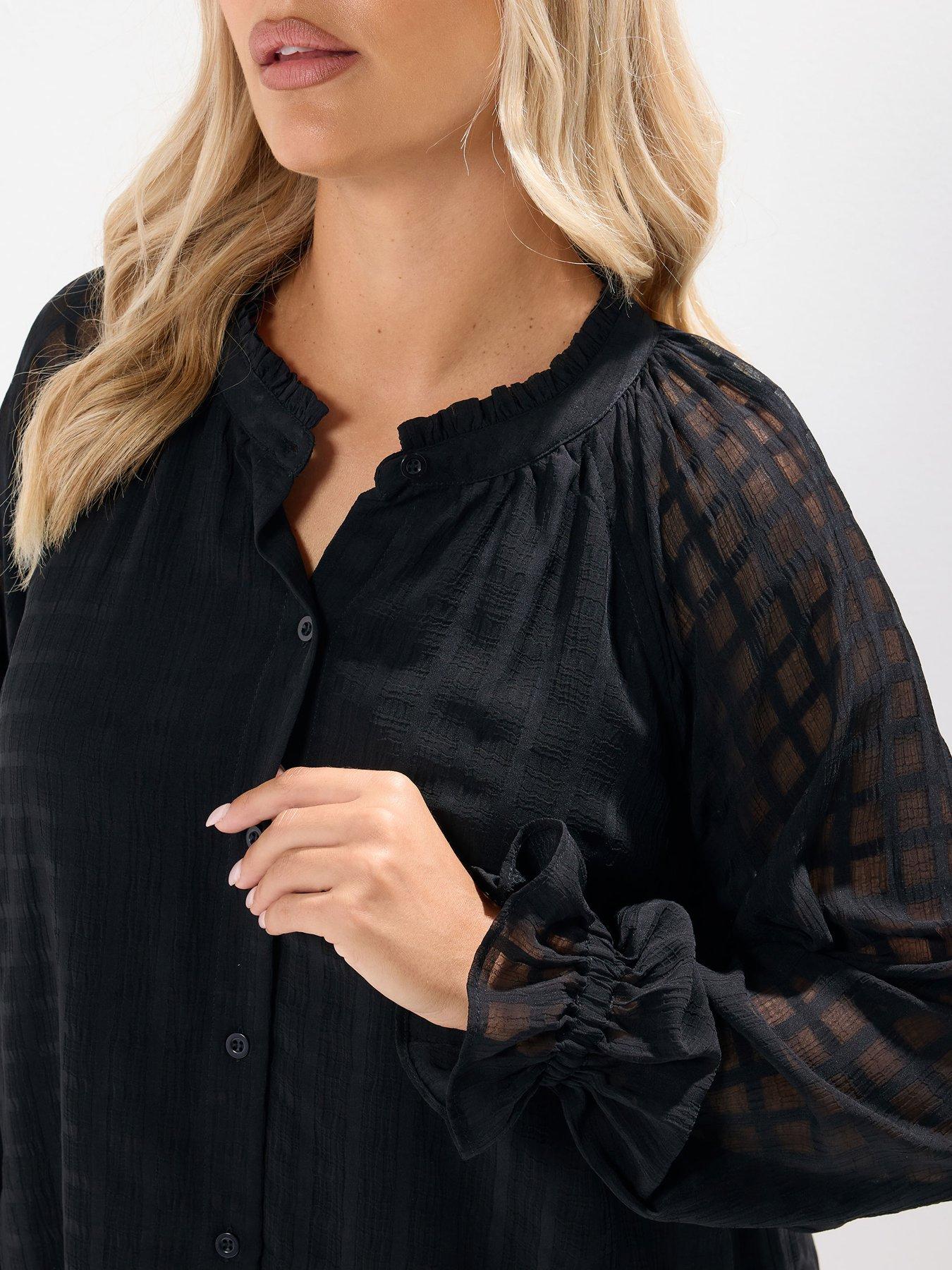 Image 4 of 4 of Yours Curve Textured Frill Neck Blouse - Black