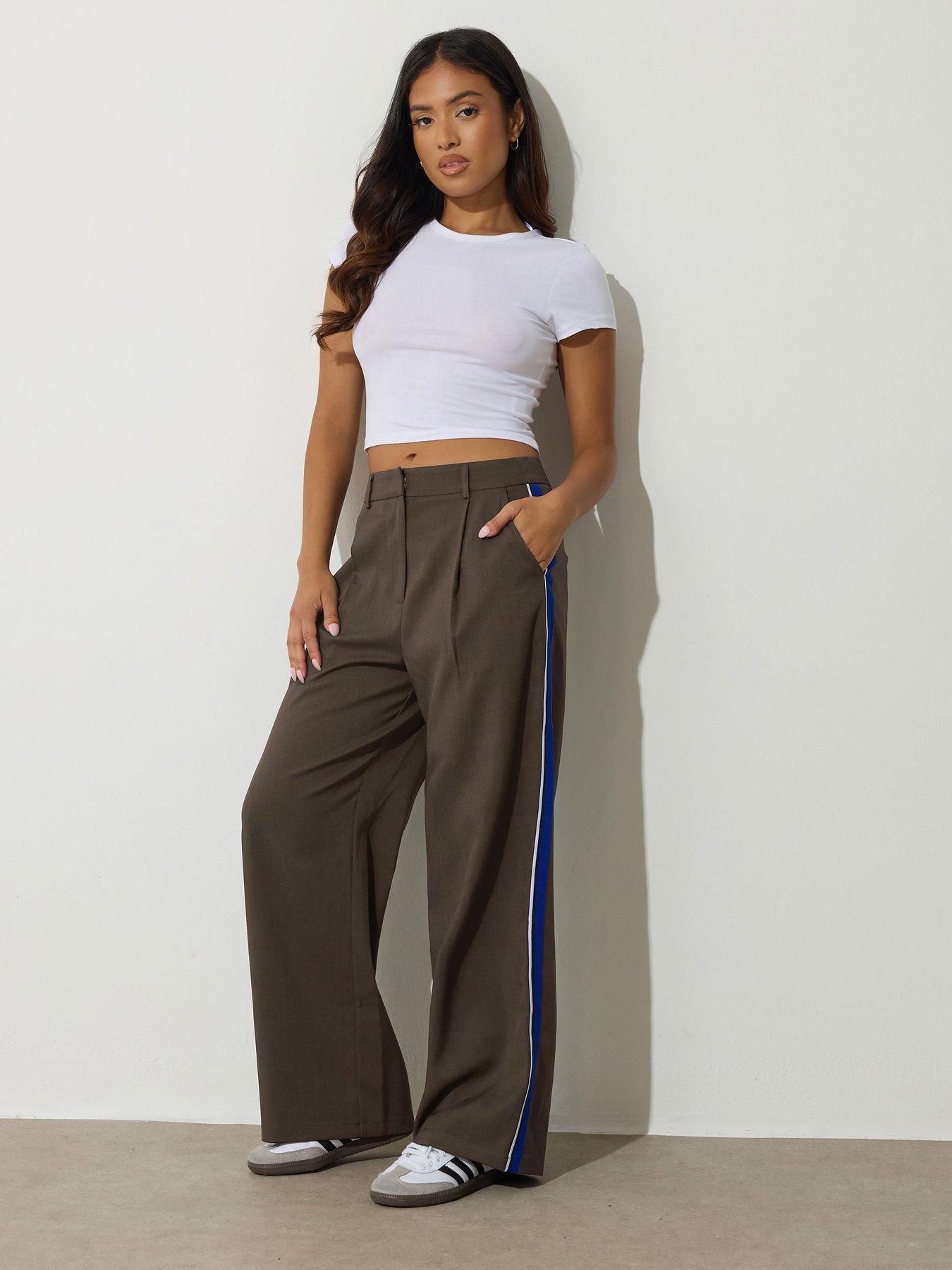 PixieGirl Petite Side Stripe Wide Leg Trouser - Brown
