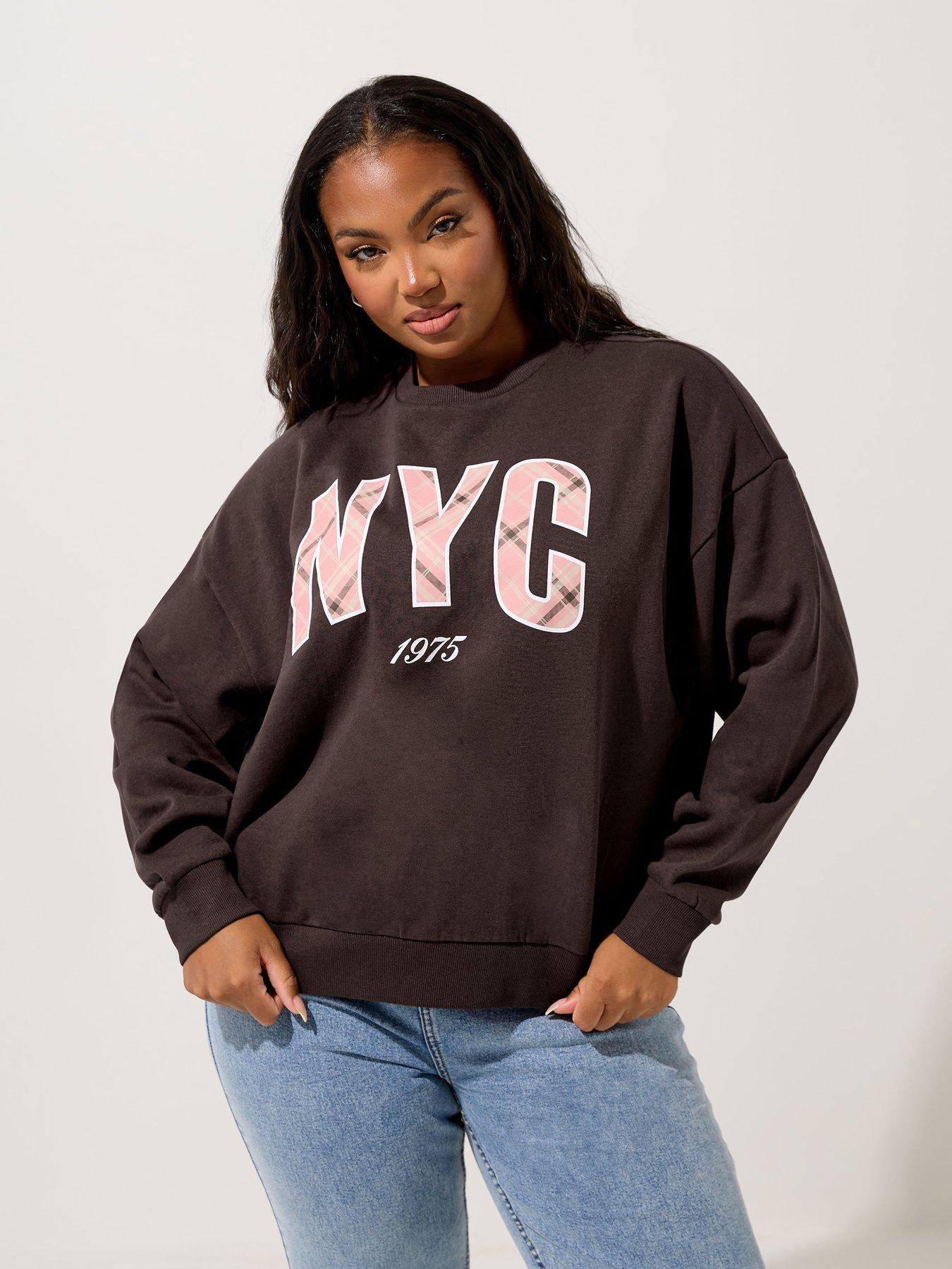 Image 1 of 4 of Yours Curve NYC Check Crew Neck Sweatshirt - Brown