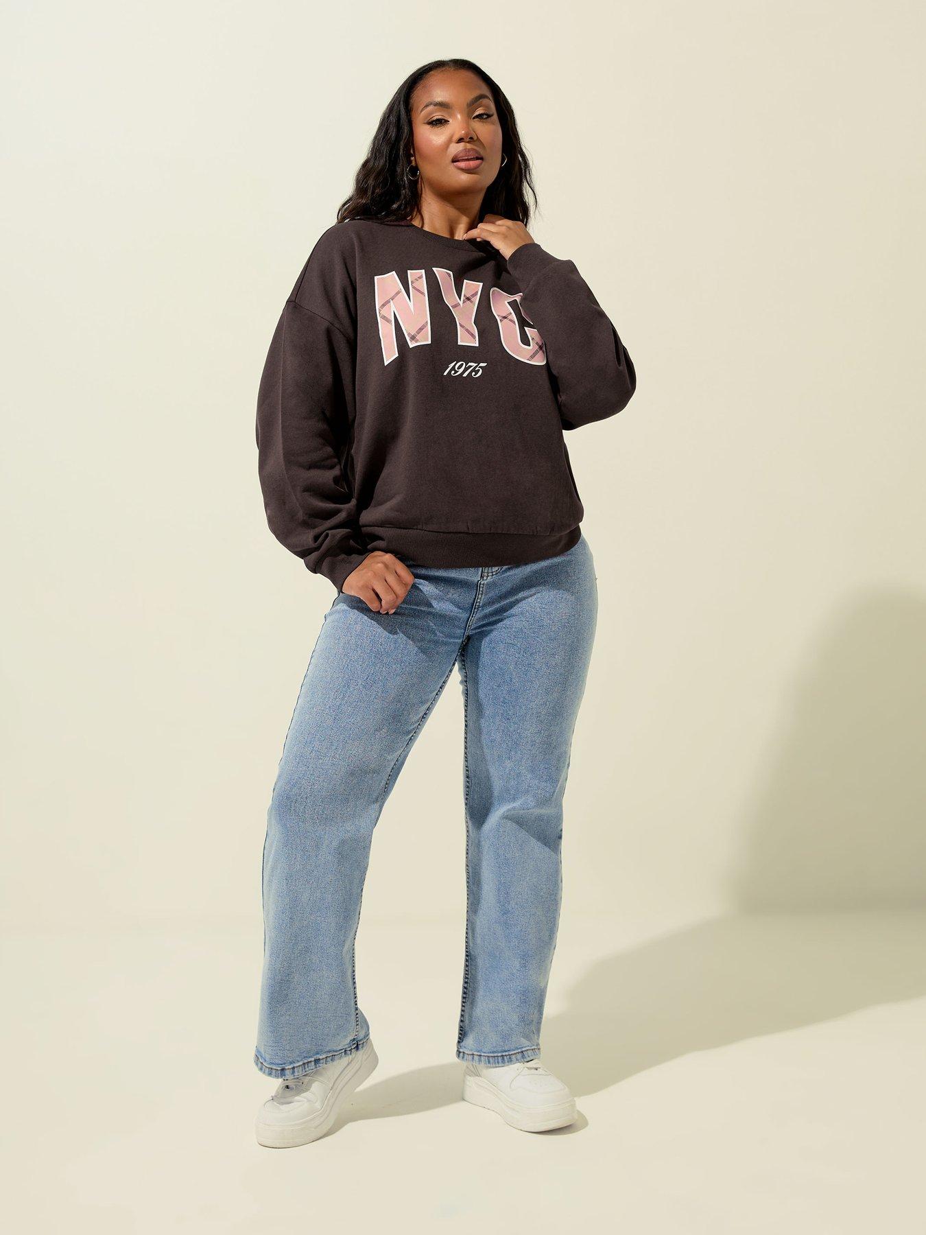 Image 3 of 4 of Yours Curve NYC Check Crew Neck Sweatshirt - Brown