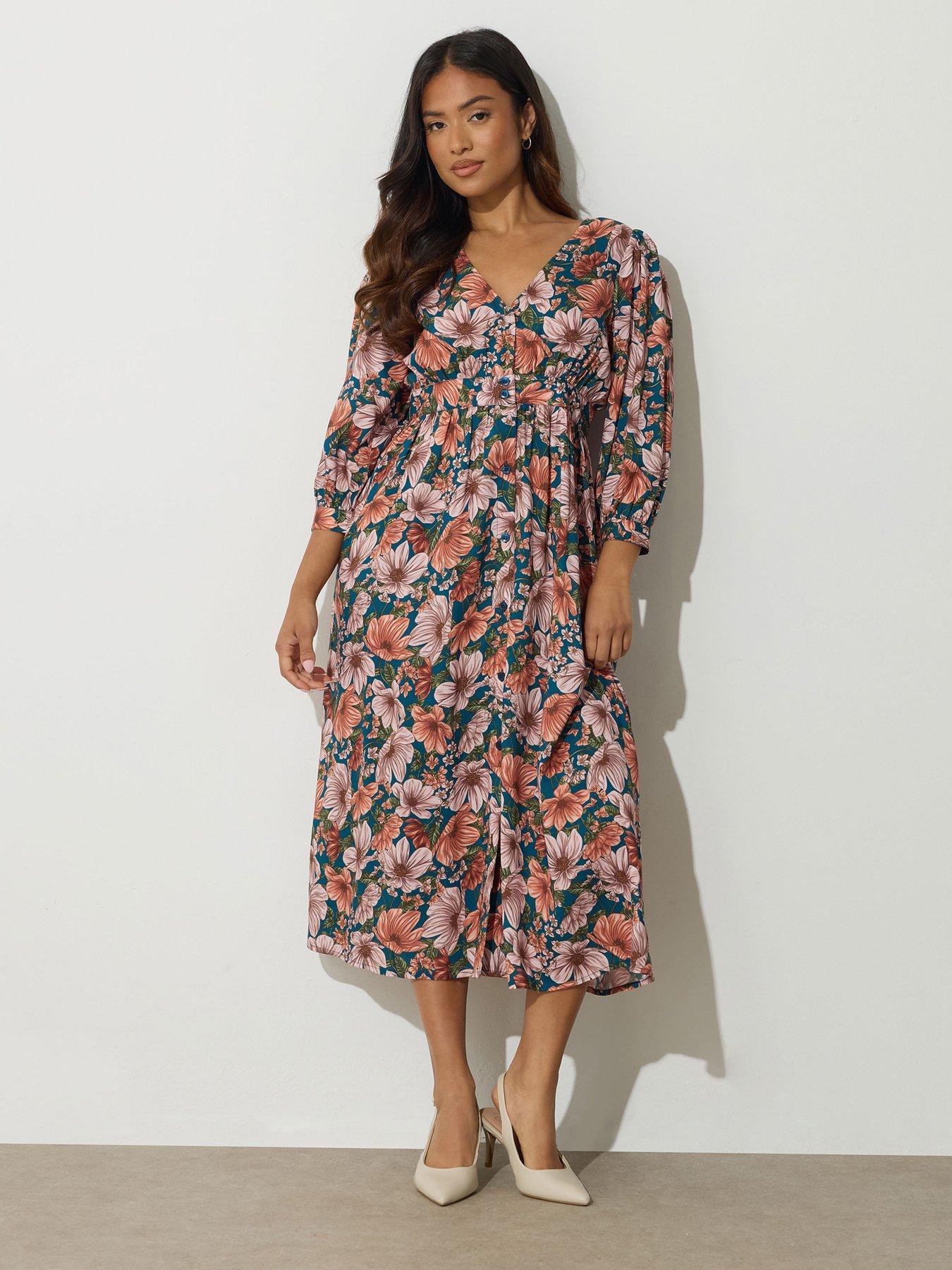 Image 1 of 4 of PixieGirl Petite Floral Midi Tea Dress - Blue