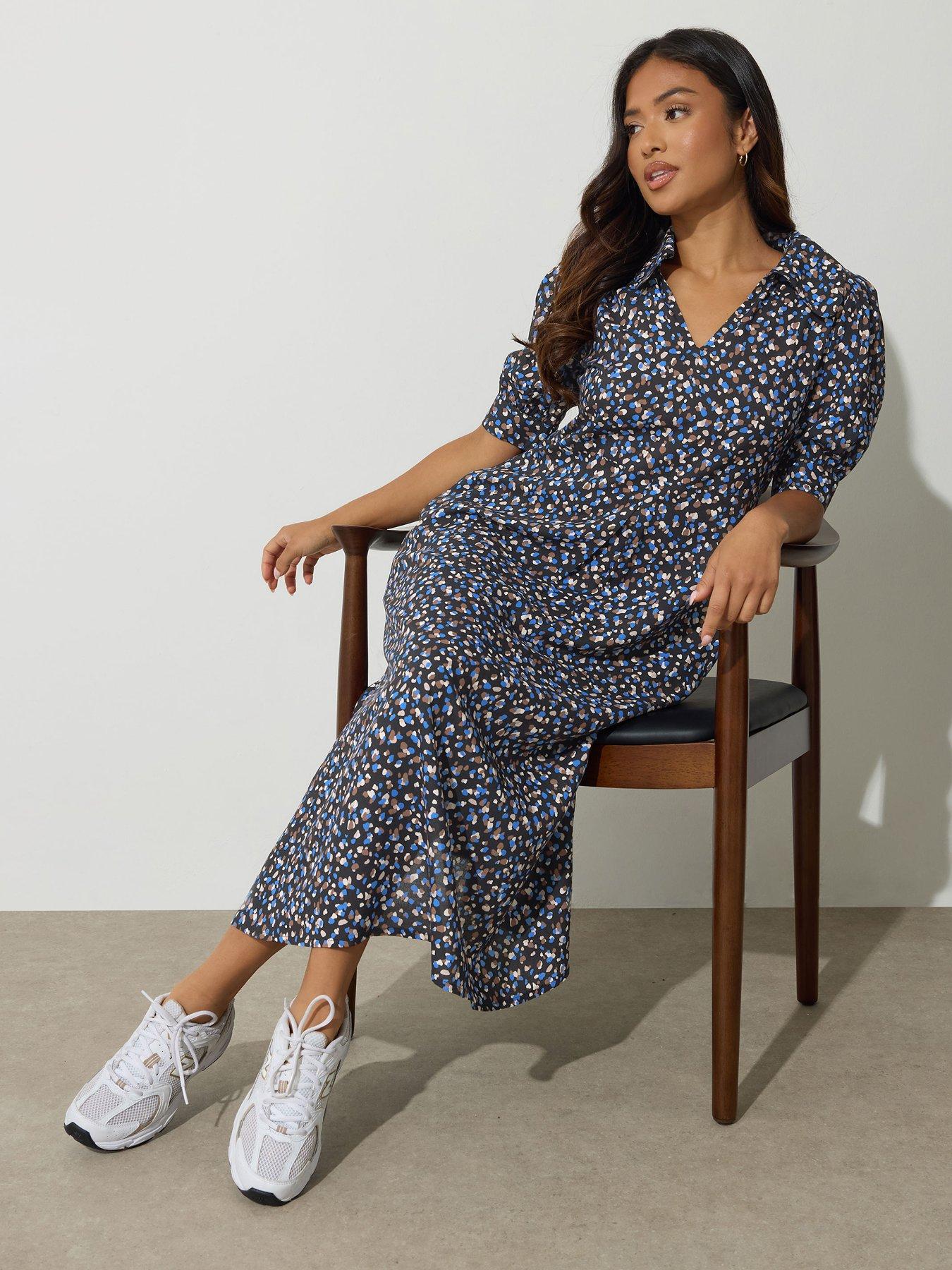 Image 1 of 4 of PixieGirl Petite Geo Spot Collar Midaxi Dress - Black