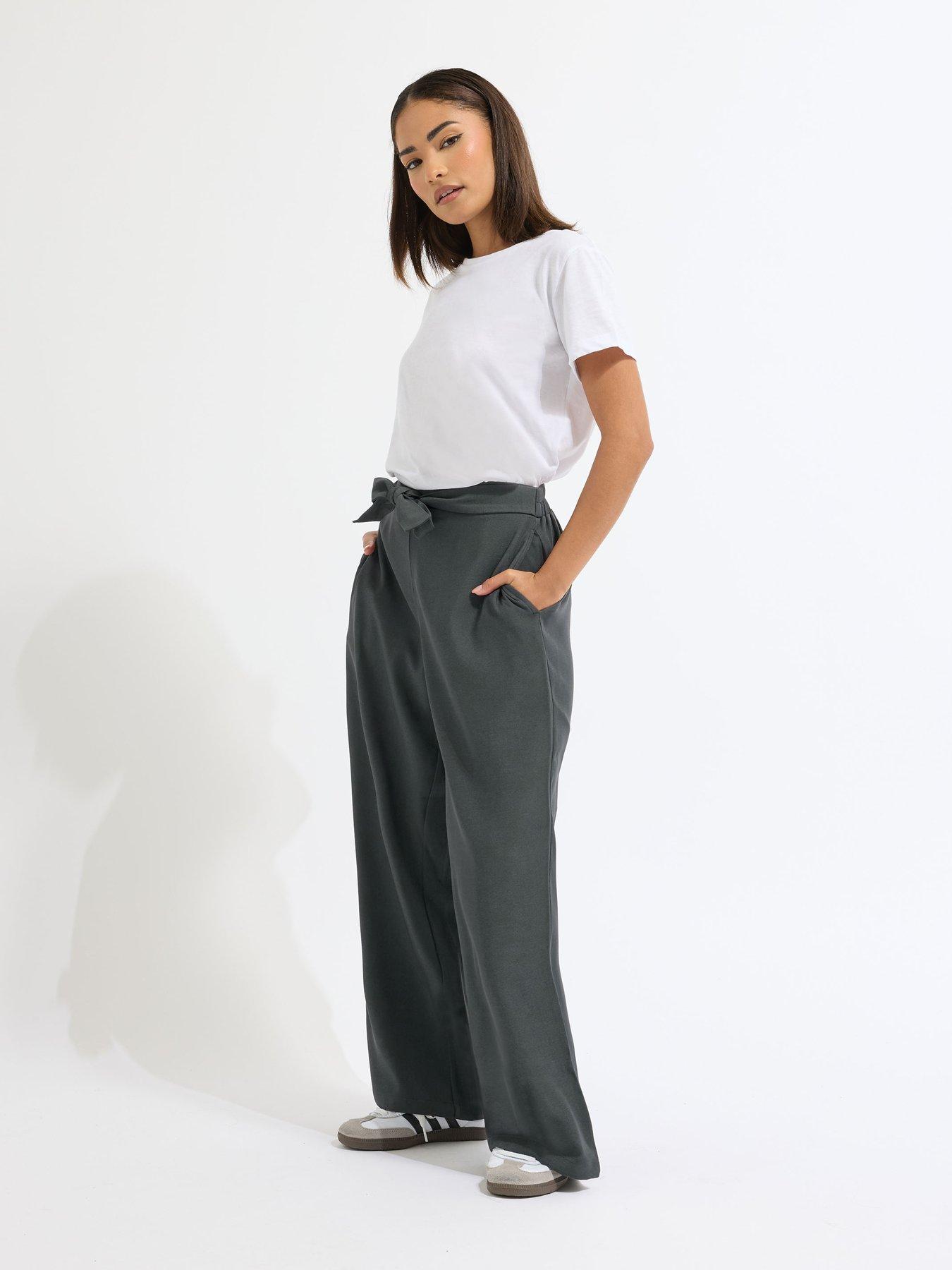 PixieGirl Petite Belted Relaxed Wide Leg Trouser - Grey