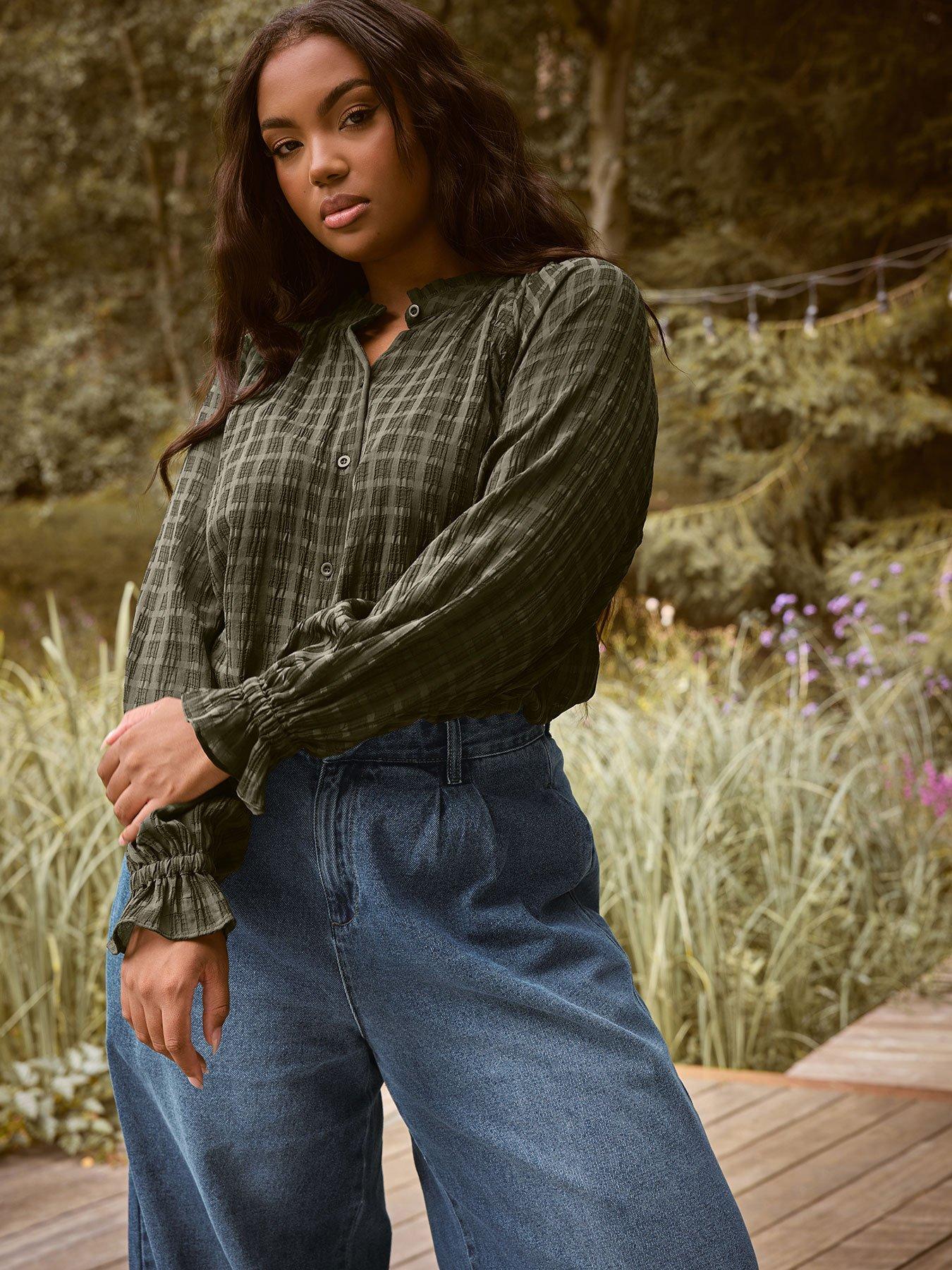 yours-curve-textured-frill-neck-blouse-khaki-green