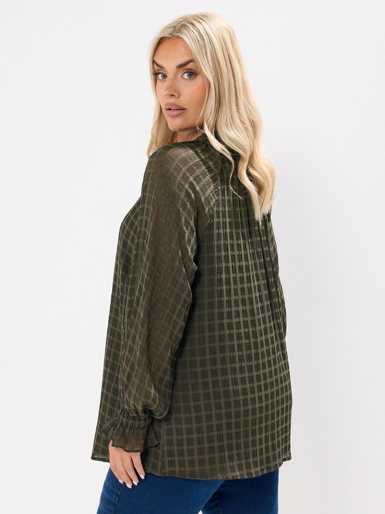 yours-curve-textured-frill-neck-blouse-khaki-greenstillFront