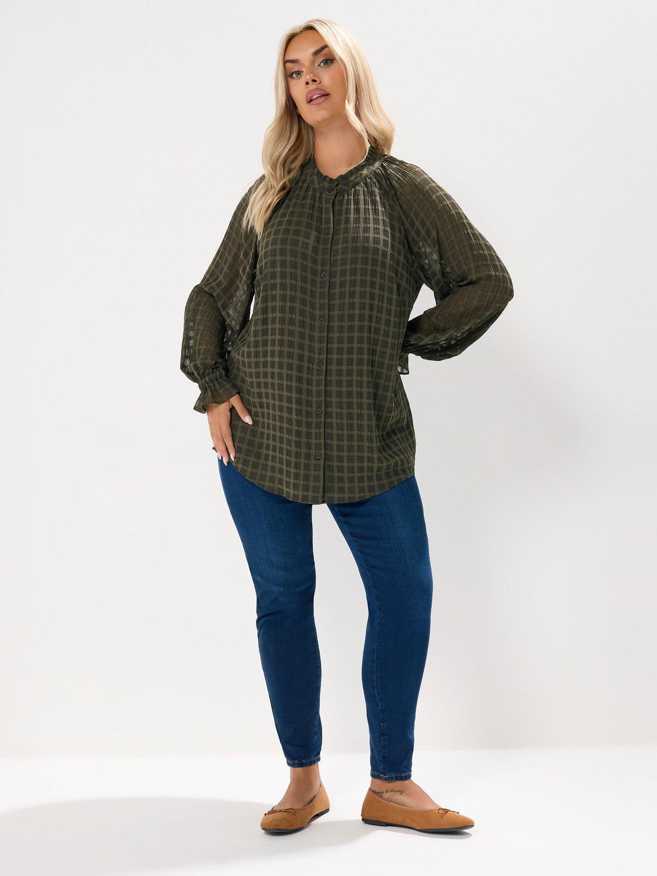 yours-curve-textured-frill-neck-blouse-khaki-greenback