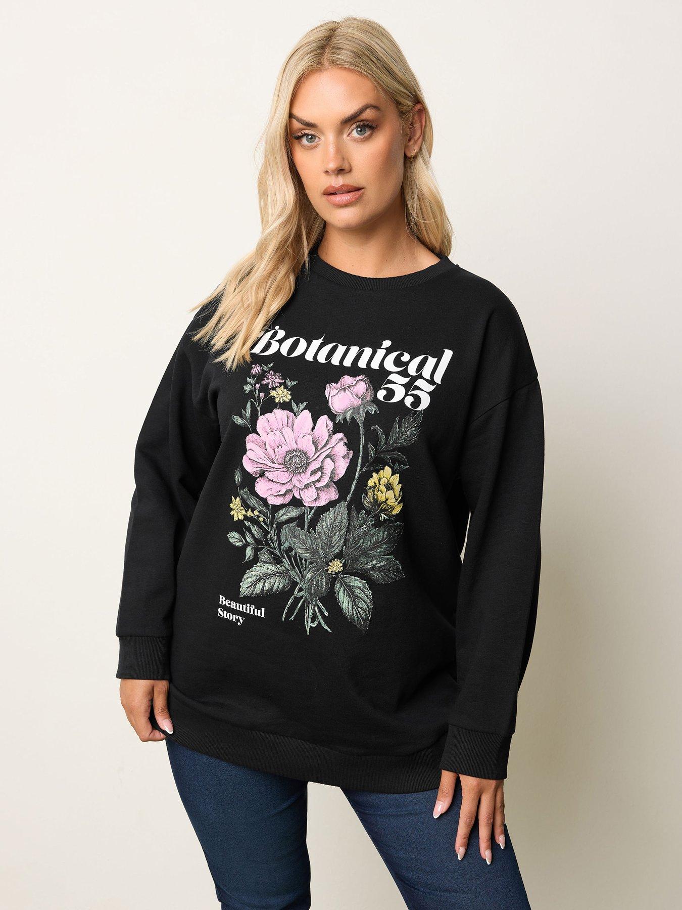 Yours Curve Floral Crew Neck Sweatshirt - Black