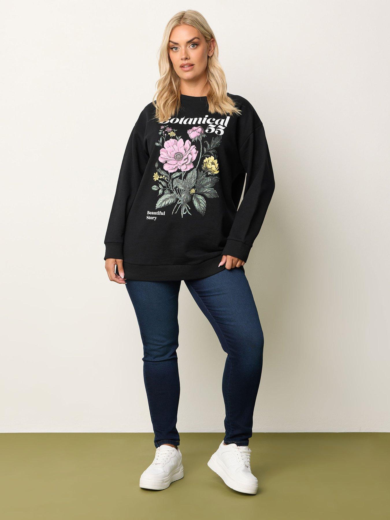 Image 3 of 4 of Yours Curve Floral Crew Neck Sweatshirt - Black