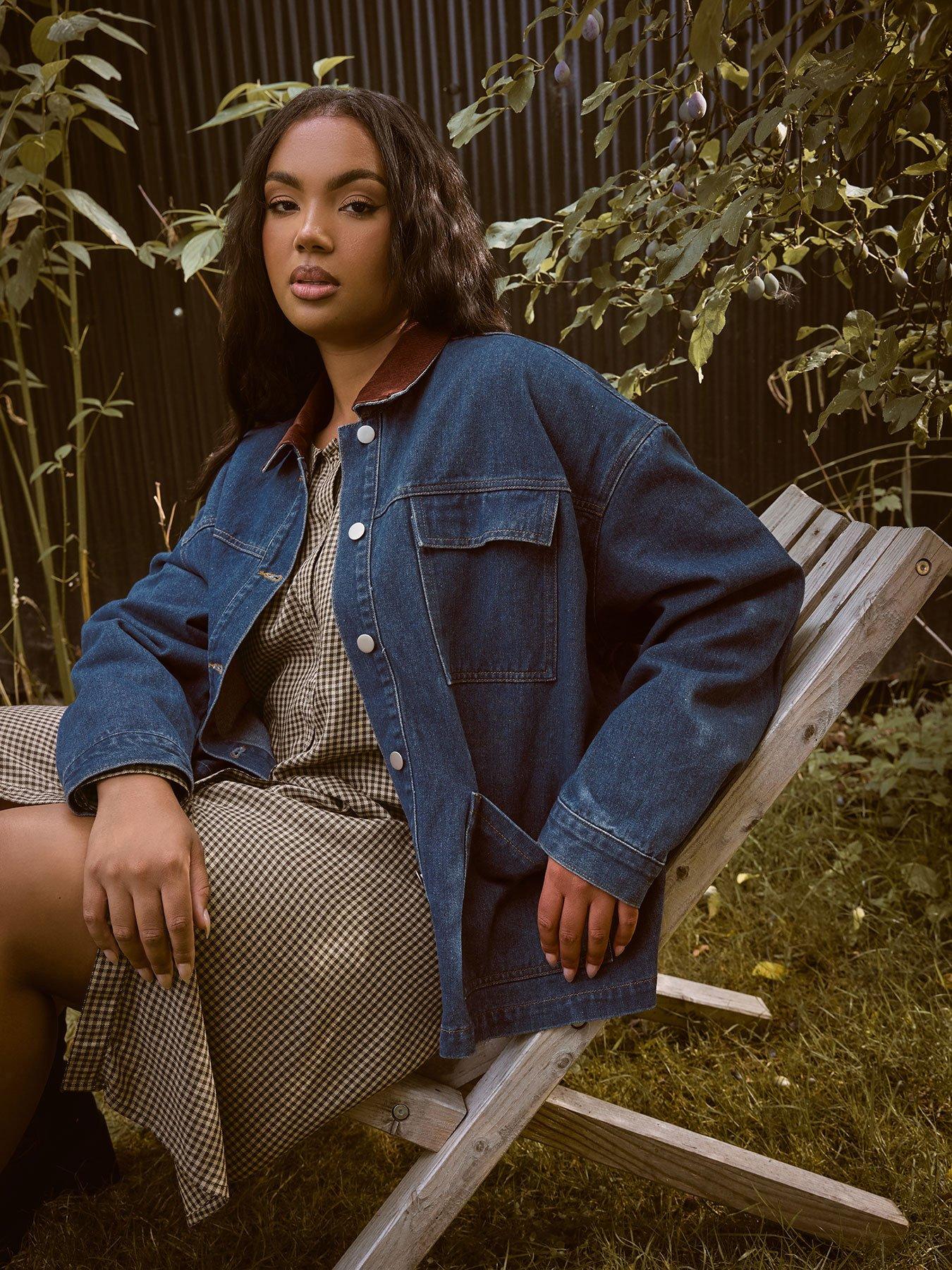 Image 1 of 5 of Yours Curve Cord Collar Denim Jacket - Blue