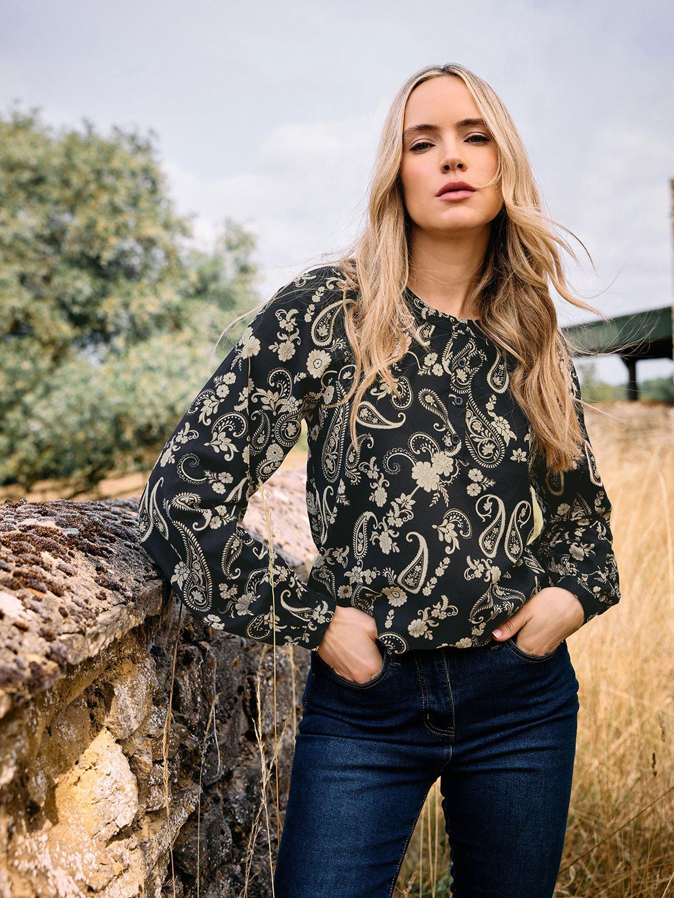 Long Tall Sally Half Placket Paisley Blouse - Black