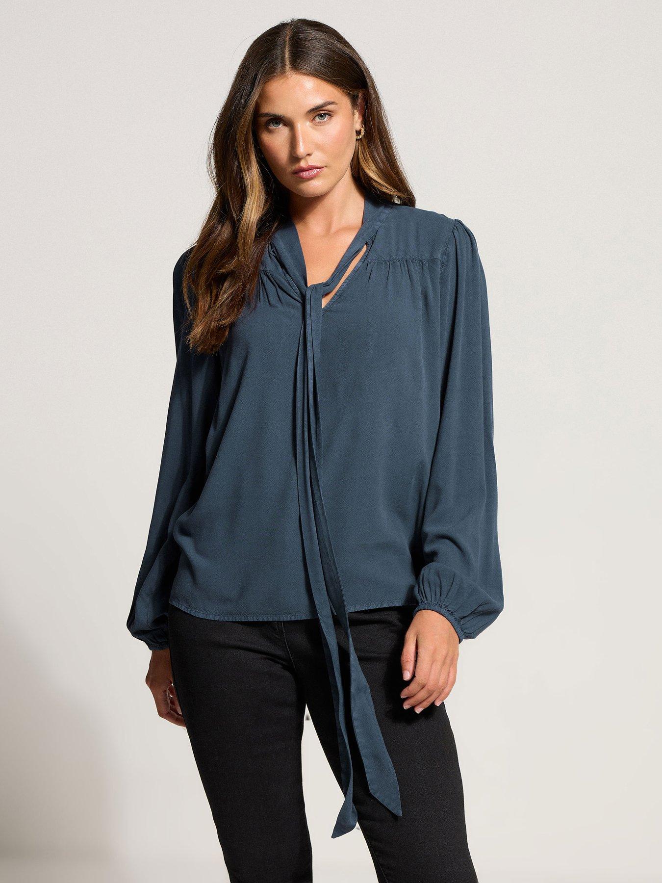 Long Tall Sally Acid Wash Tie Neck Top - Blue