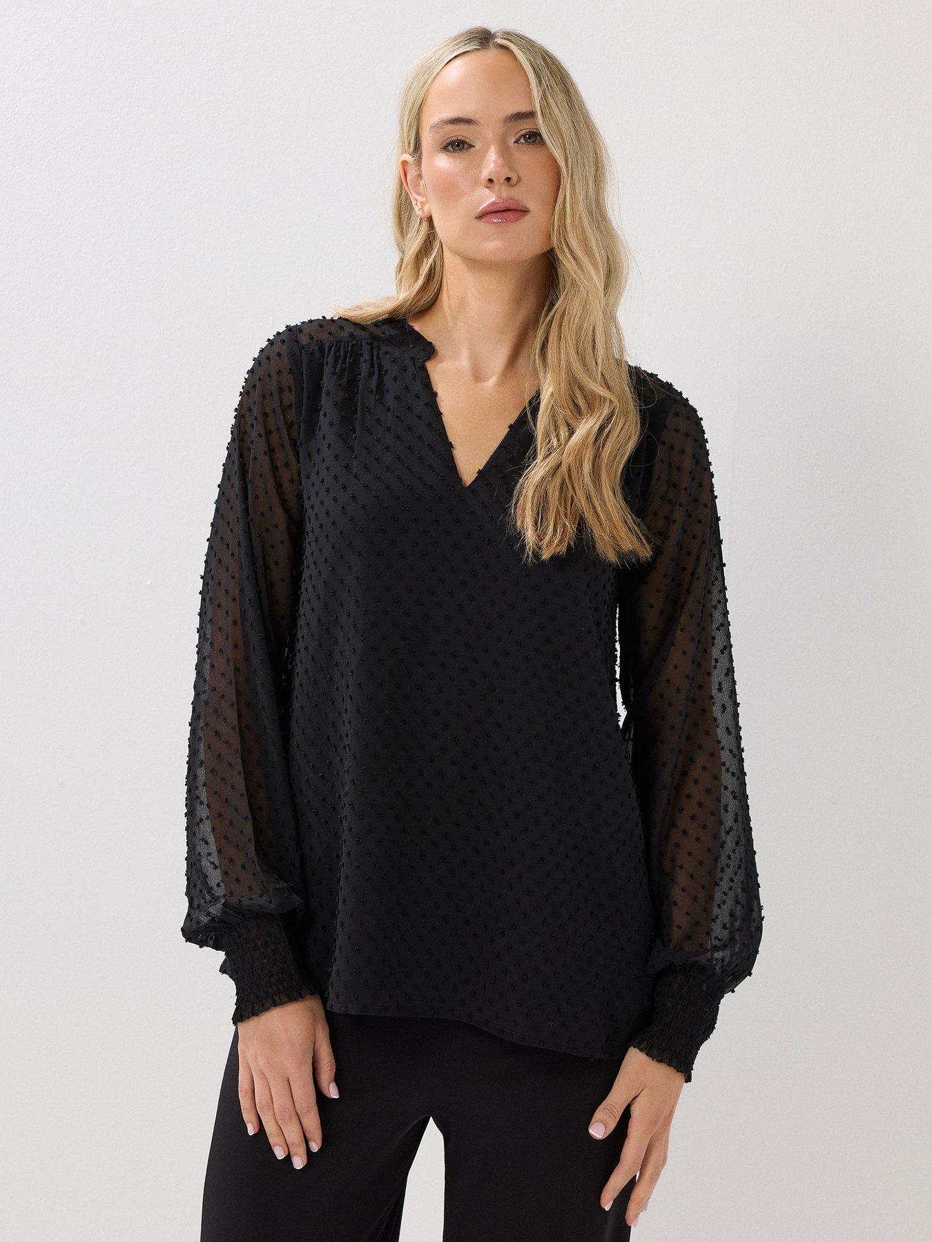 long-tall-sally-dobby-spot-shirred-cuff-top-black