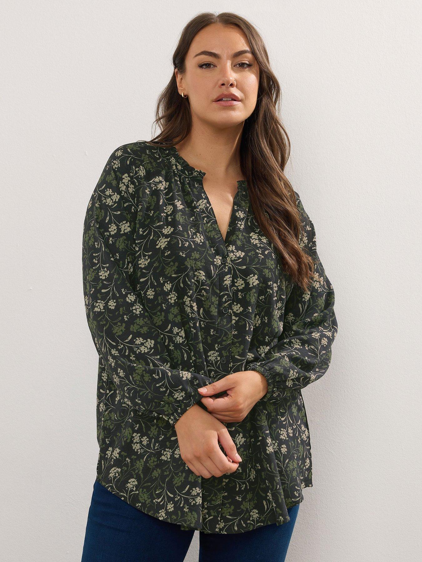 Yours Curve Frill Neck Blouse - Green