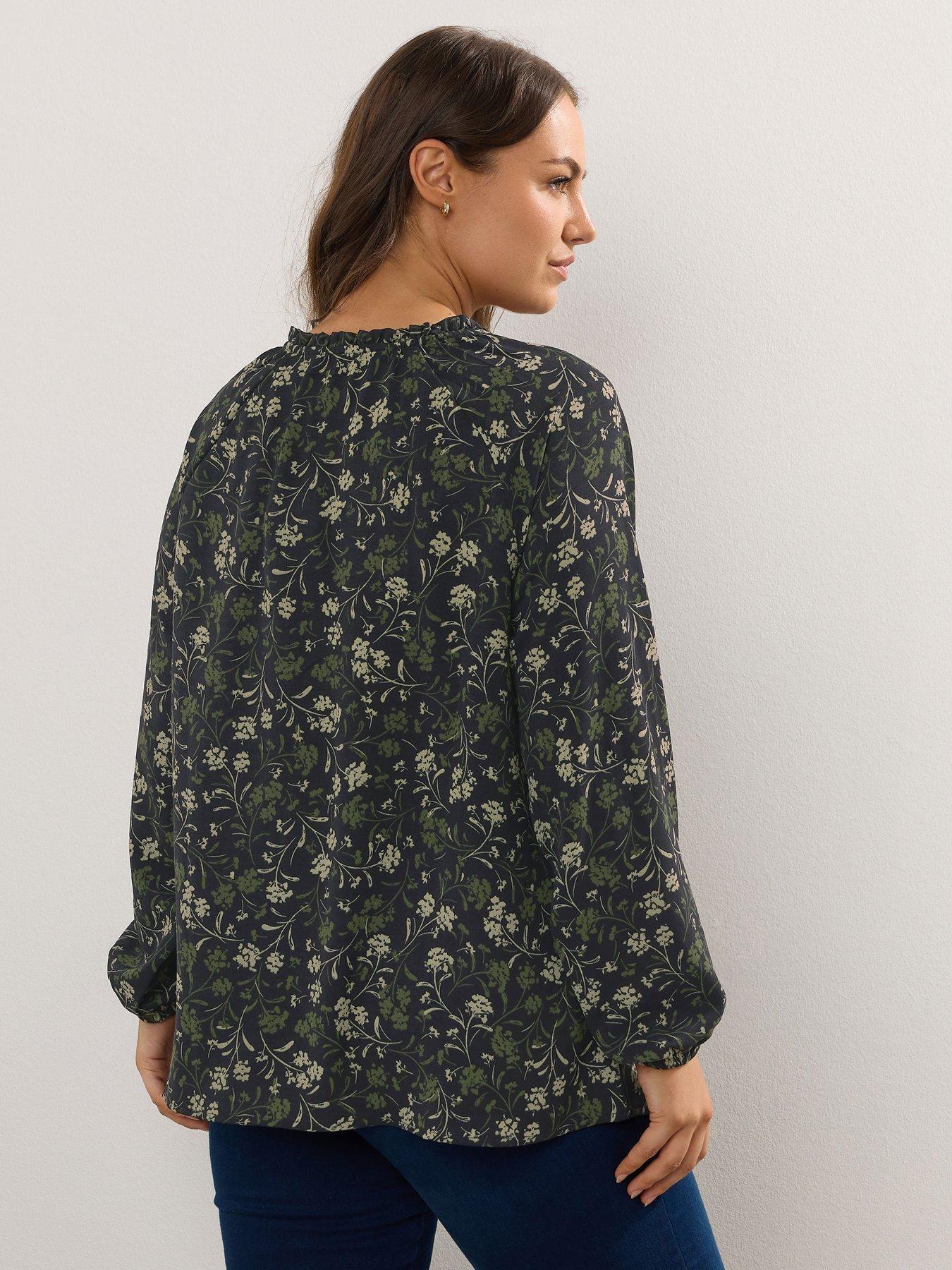 yours-curve-frill-neck-blouse-greenstillFront