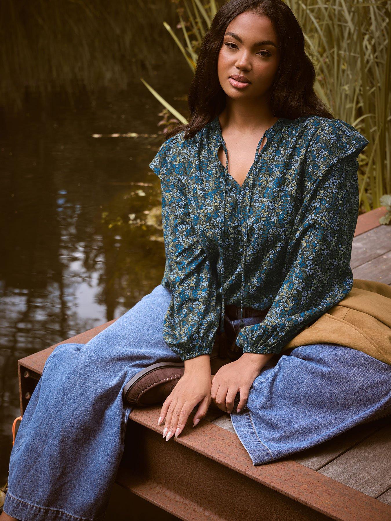 Image 1 of 4 of Yours Curve Smock Frill Top - Blue