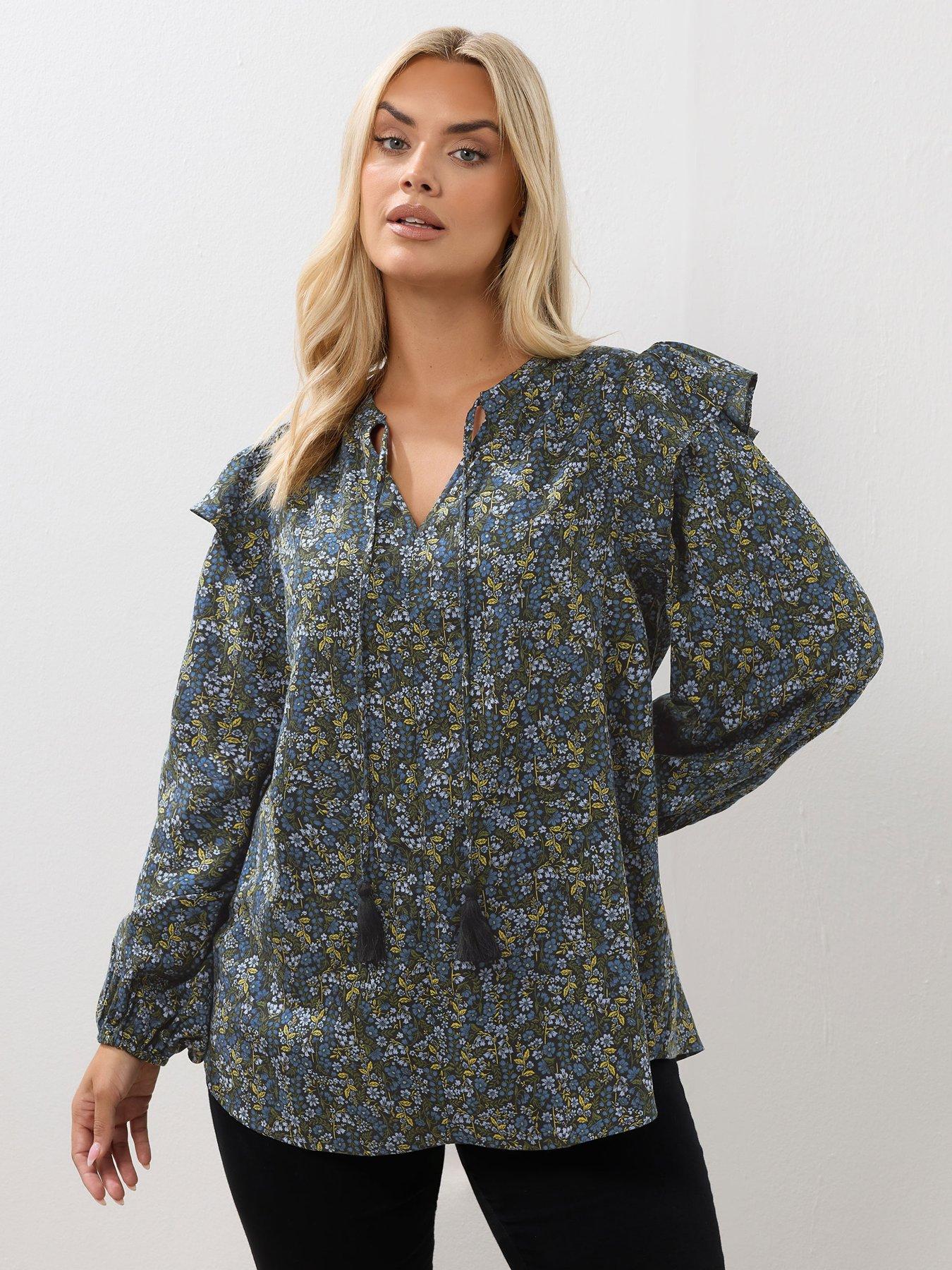 Image 4 of 4 of Yours Curve Smock Frill Top - Blue