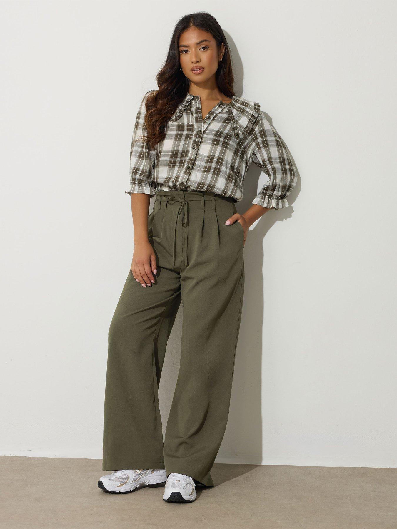 PixieGirl Petite Paper Bag Tie Waist Wide Leg Trouser - Green