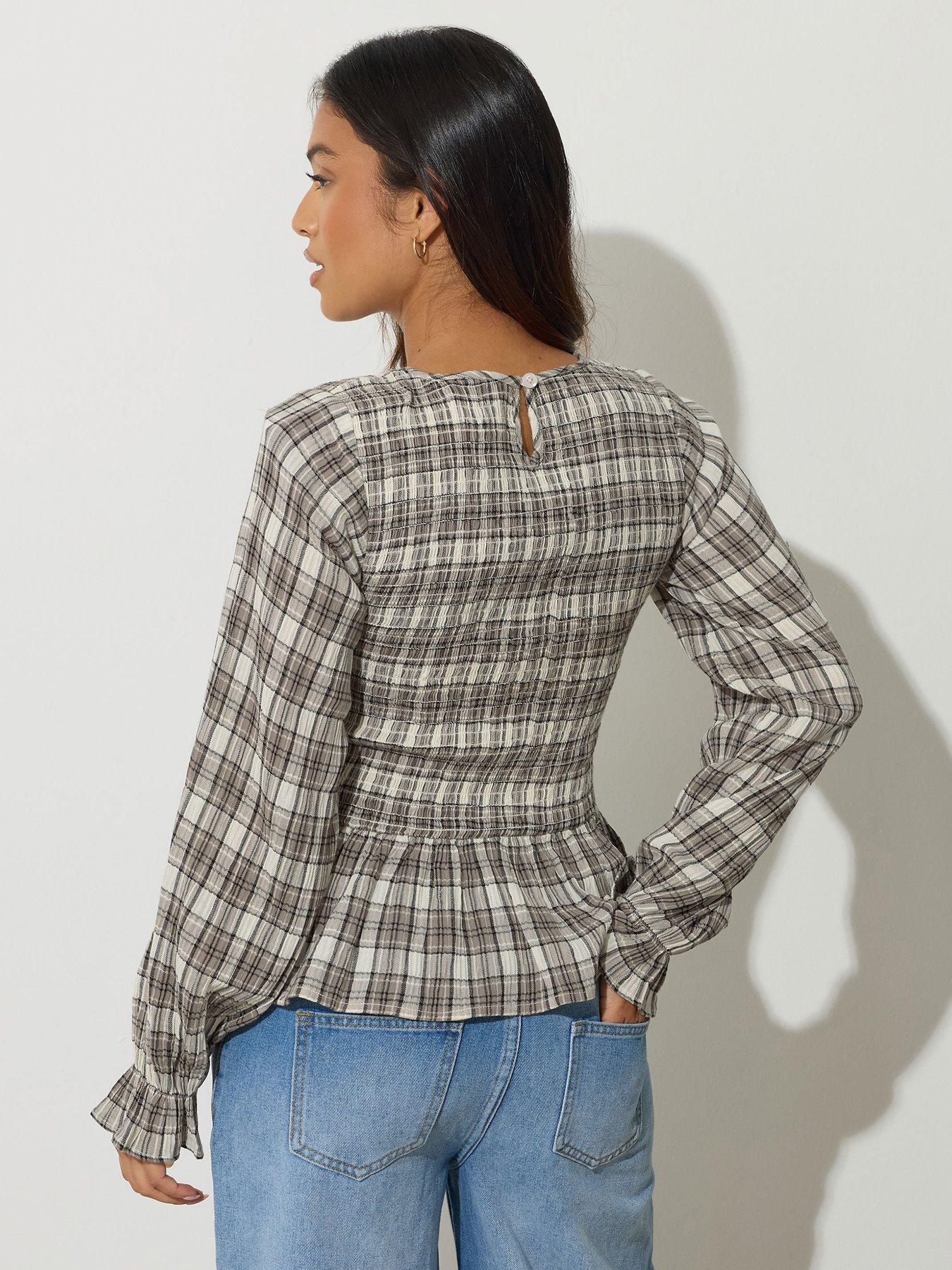 pixiegirl-petite-check-shirred-long-sleeve-top-brownstillFront