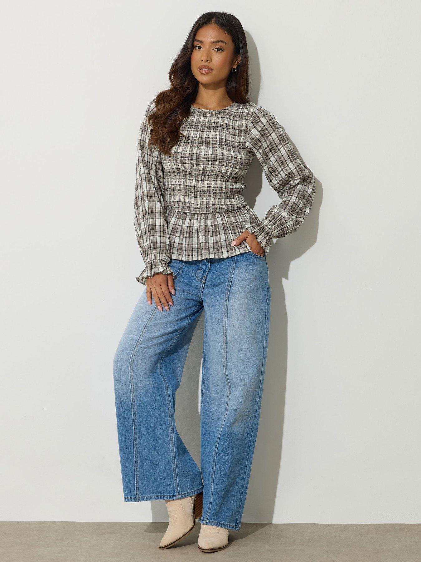 pixiegirl-petite-check-shirred-long-sleeve-top-brownback